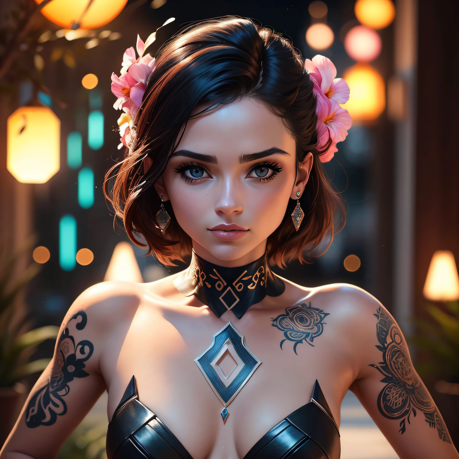 foto realista selvagem jovem 1woman, tatuagem de rosto guerreiro, super realista, detalhes afiados, ultra detalhe, pele detalhada, olhos afiados azuis, morena detalhada com franja, filme, piercing, detalhes intrincados, (rosto lindo:1. 2), obra-prima, ((corpo inteiro)),