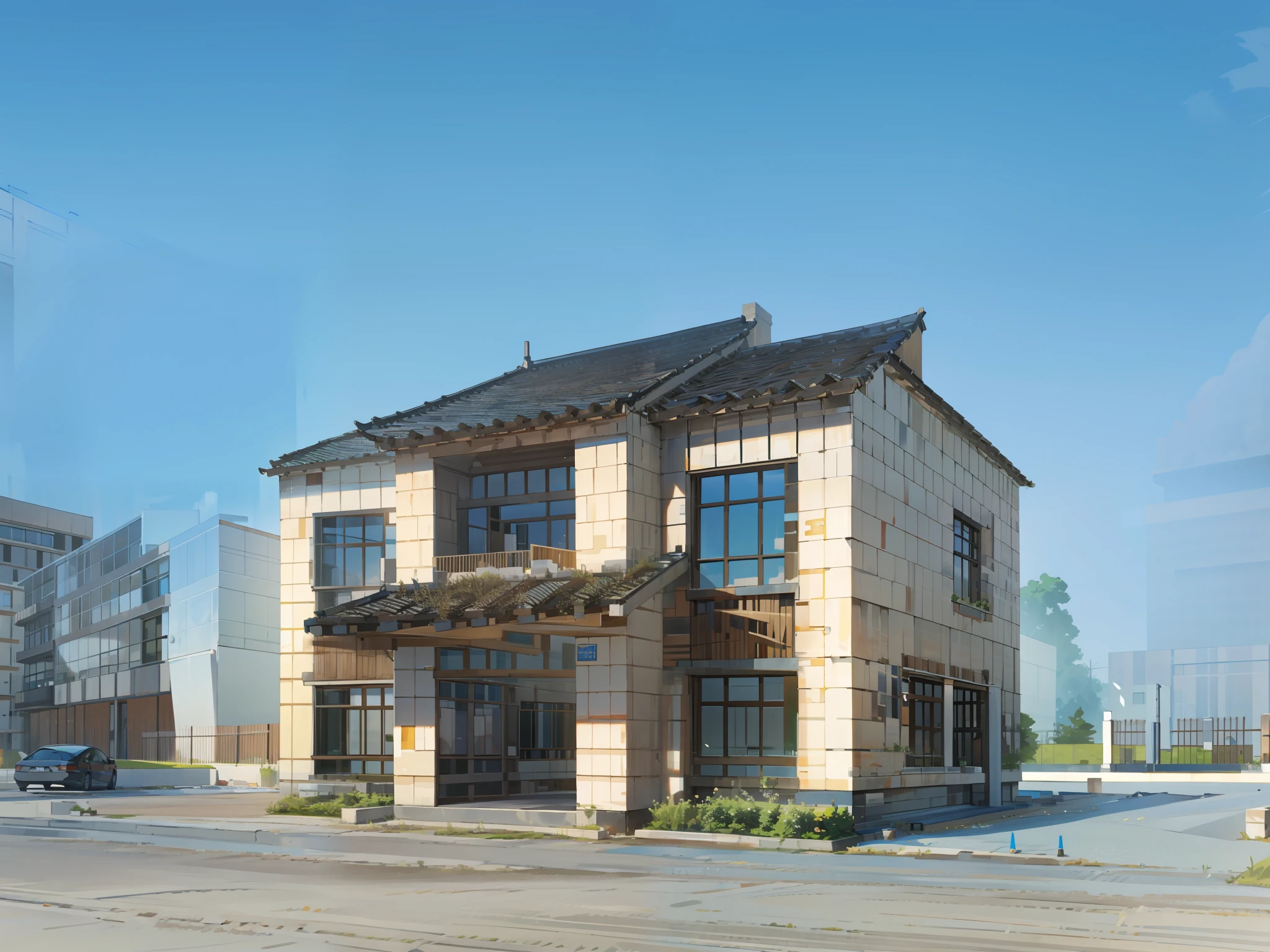 Rendering of a villa building with a meadow in front,sharp hq rendering,architectural render,Sharp focus clarifies headquarters,architectural render,Photorealistic rendering