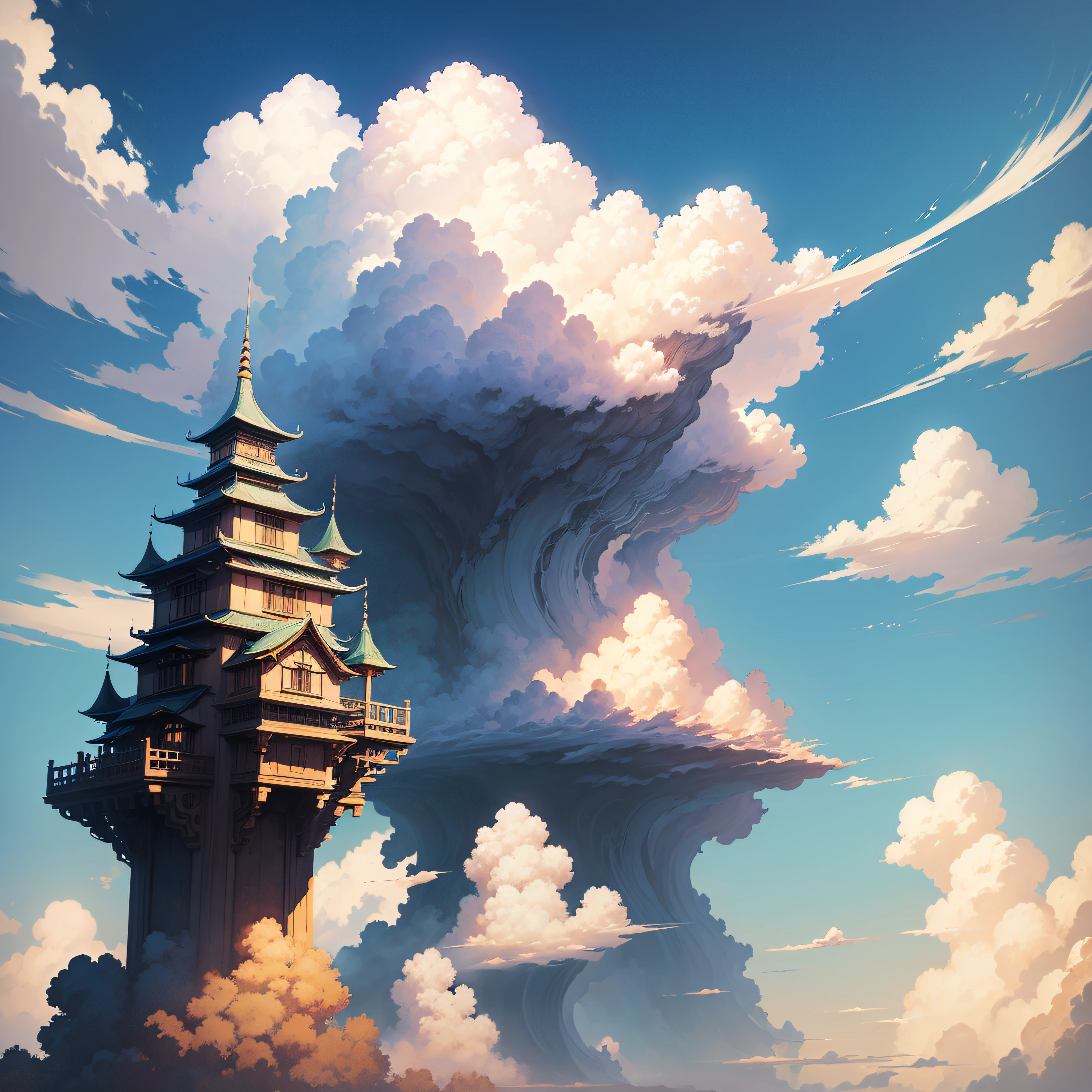 animesque、Skyscape with clouds、bao phan、You can see the touch of the cloud brush、Studio Ghibli、Ghibli、Scenery、Style --auto