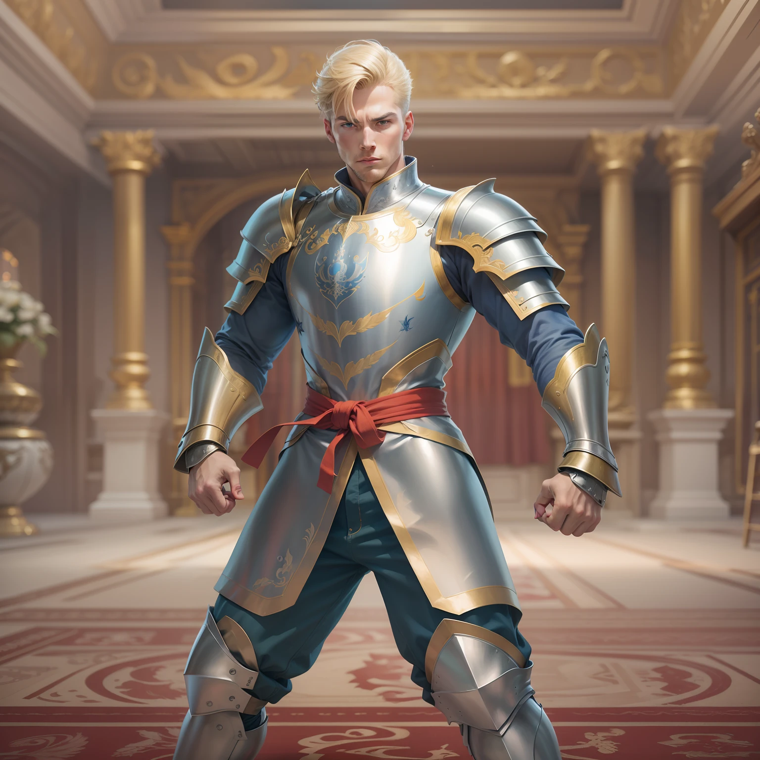 realistic image of a blond male with short hair, 30s, tall, strong, ultra-detailed blue eyes, evaluative expression, dressed in a suit of silver armor and golden shoulder pads, standing in a martial art fighting stance in a hall from a royal palace