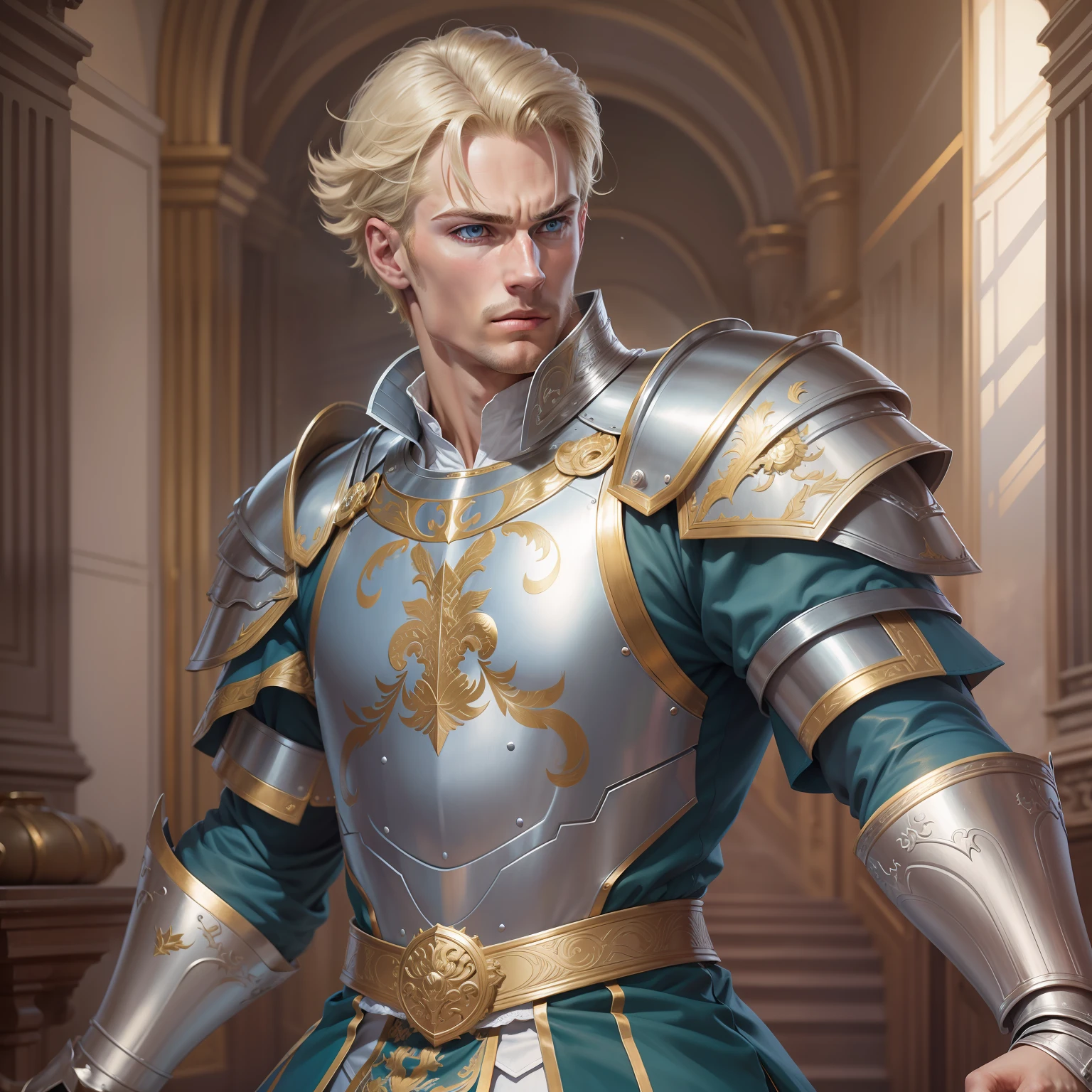 realistic image of a blond male with short hair, 30s, tall, strong, ultra-detailed blue eyes, evaluative expression, dressed in a suit of silver armor and golden shoulder pads, standing in a martial art fighting stance in a hall from a royal palace