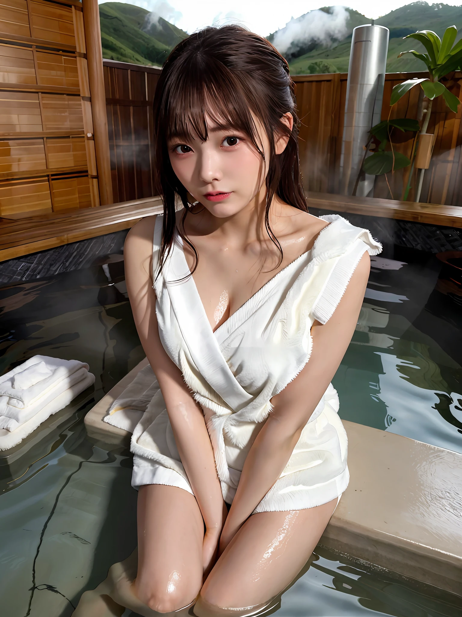 (masterpiece), (best quality:1.4), absurdres, [:intricate details:0.2], 1girl, (naked towel), (geyser, onsen:1.2), moist skin, (fog:1.2), mist, shiny skin, glossy skin, (partially submerged in the onsen:1.2), (wet hair:1.2), mist, wet, moisture,