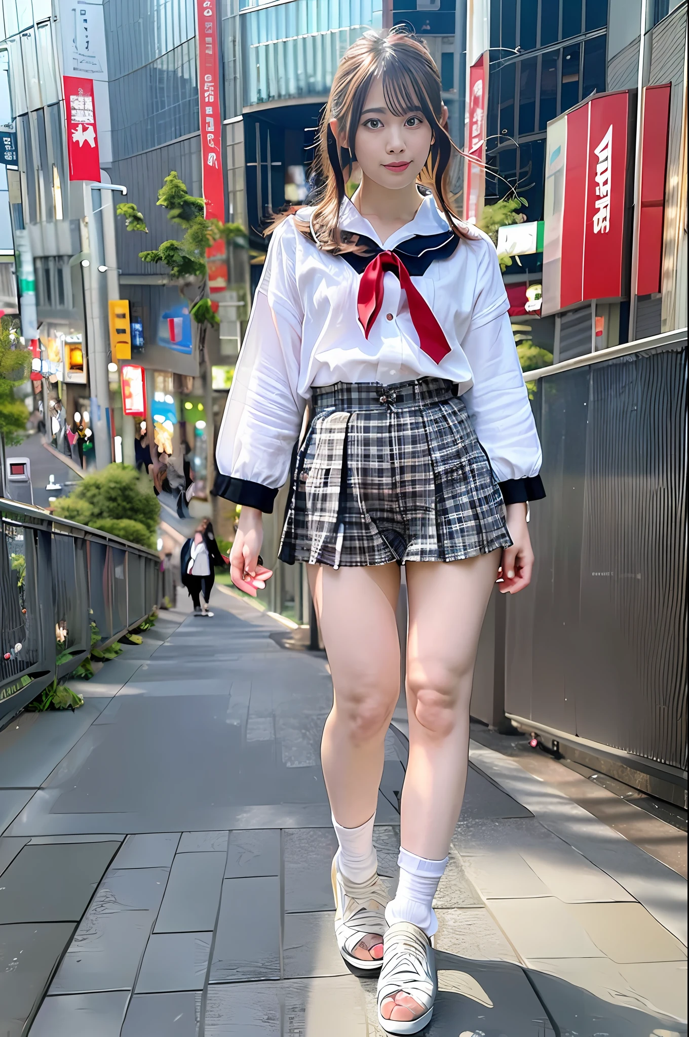 Ultra top quality, masterpiece, ultra high resolution, (photorealistic: 1.4), highly detailed CG Unity 8k wallpaper, detailed and complex, original, high resolution, raw photos, (perfect body shape), finely complex, DSLR, soft lighting, high quality, film grain, depth of field, Leica camera, 50mm lens, backlight, HDR, hyperrealistic, color grade, dynamic pose, portrait, Japan person, smile, lips, short hair, bangs, (crowded Akihabara: 1.2), front view viewer, natural light, girl, 20 years old, full body, solo, student, high school, uniform, sailor color, bobby socks, pleated skirt, daytime, street, deep shadow, cute, beauty, modest, cold light 12000K\\ street, store state, Akihabara, Shinjuku, Shibuya, Ikebukuro, detailed realism, skin texture, super detailed, realistic skin texture, (dramatic, award-winning photos, incredible masterpieces: 1.3)