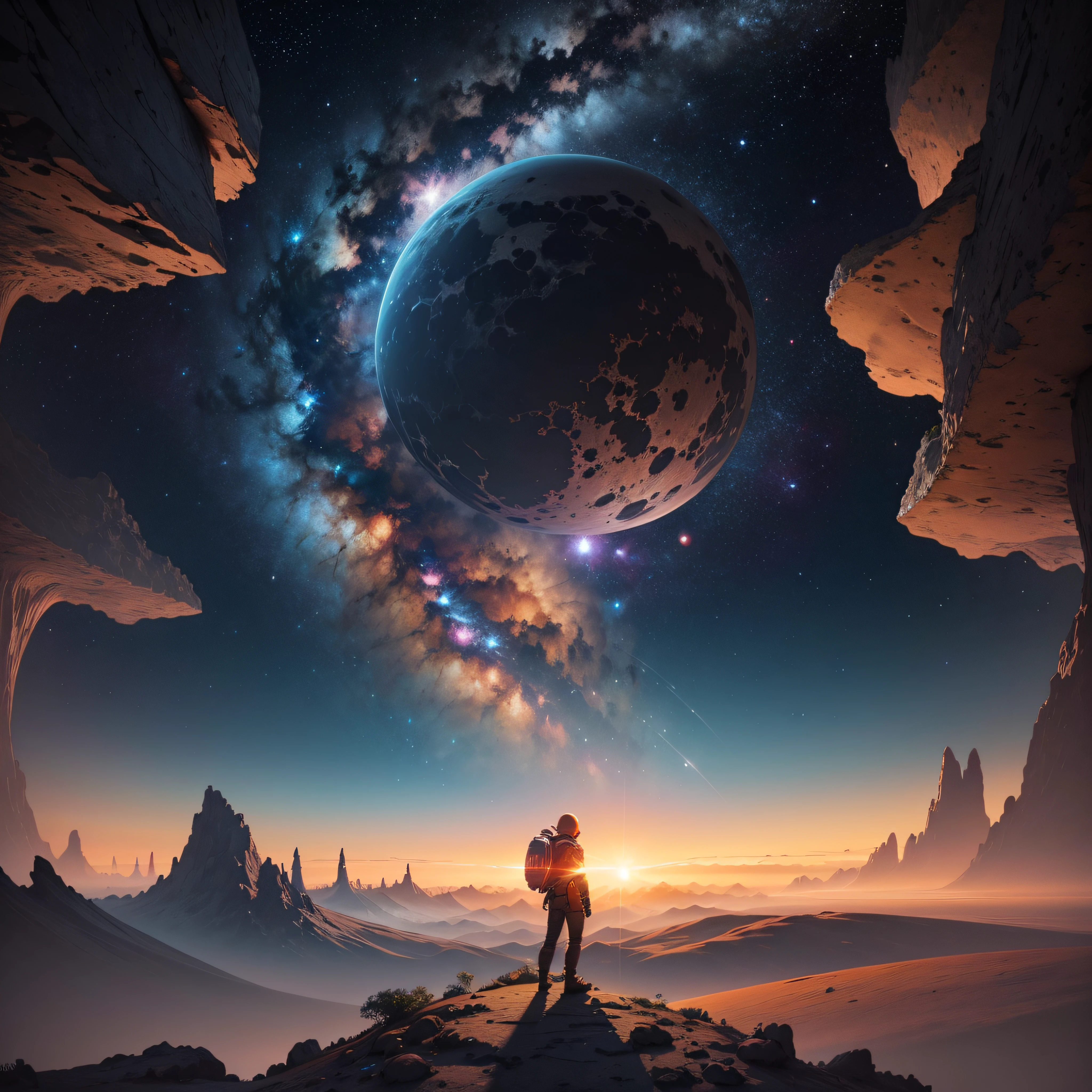 You are facing a magnificent cosmic landscape in the vast procedurally generated universe of No Man's Sky. A myriad of twinkling stars fill the night sky, creating a dazzling galaxy that stretches to infinity. An ethereal, colorful nebula meanders along the edge of the horizon, emitting a soft luminosity that illuminates the darkness of space.
On the surface of the planet below, You come across a lush and exotic land, Filled with lush vegetation and unique alien fauna. Majestic mountains rise towards the heavens, adornadas com cachoeiras cristalinas que deslizam pelas encostas.
As the sun sets on the horizon, Painting the sky orange and gold tones, A giant moon begins to emerge, perfectly framing the surreal scenery. Ethereal clouds slowly pass over the landscape, Creating a play of light and shadows that dances on the surface of the planet.
in sky, naves espaciais cruzam a atmosfera, deixando rastros brilhantes de energia enquanto viajam para destinos desconhecidos. A cada momento, You are reminded of the vastness of the universe and the infinite diversity of worlds waiting to be explored.
In this moment of contemplation, You realize that you are facing a truly spectacular scene, a cosmic masterpiece that could only be found in No Man's Sky."
Com esse prompt, You can visualize and imagine a spectacular image that encapsulates the beauty and wonder of the game's procedurally generated universe "No Man's Sky. --auto