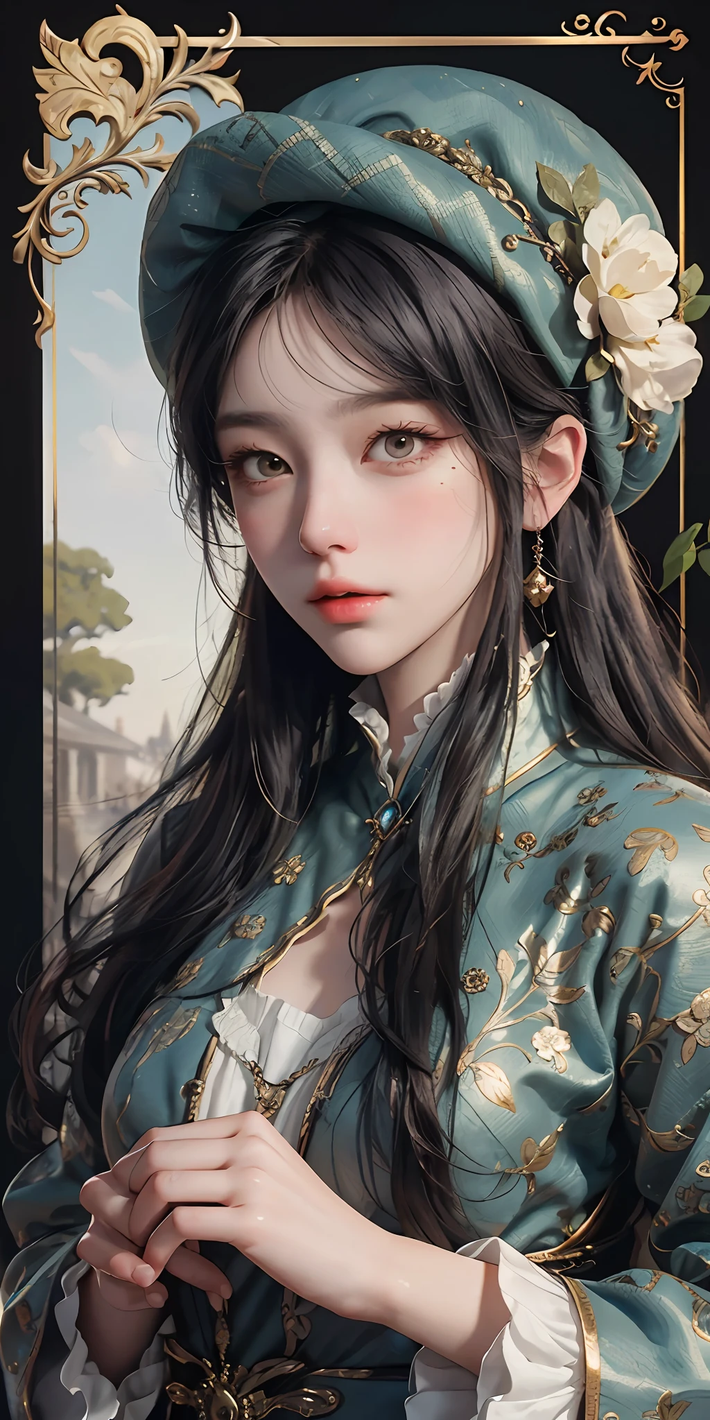 There was a woman in a dress and a beret in a beret, a character portrait inspired by Sim Sa-jeong, Trend of CGsociety, Rococo, in the art style of bowater, highly detailed character, classical witch, Kawaii realistic portrait, hyper-detailed fantasy character, dignified aristocrat, Guviz-style artwork, very detailed and rich clothing
