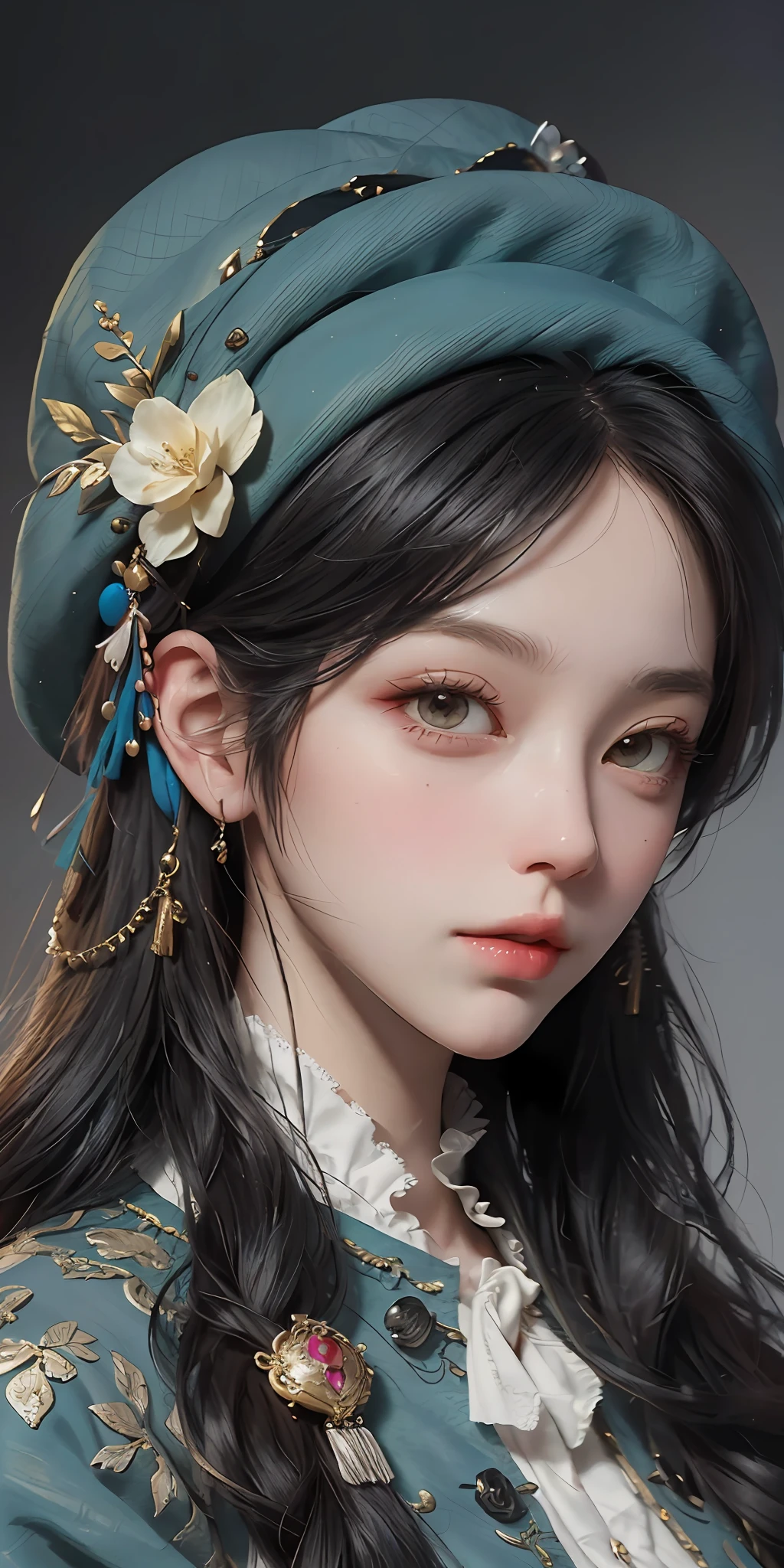 A close up of a woman wearing a blue hat and a blue dress - SeaArt AI