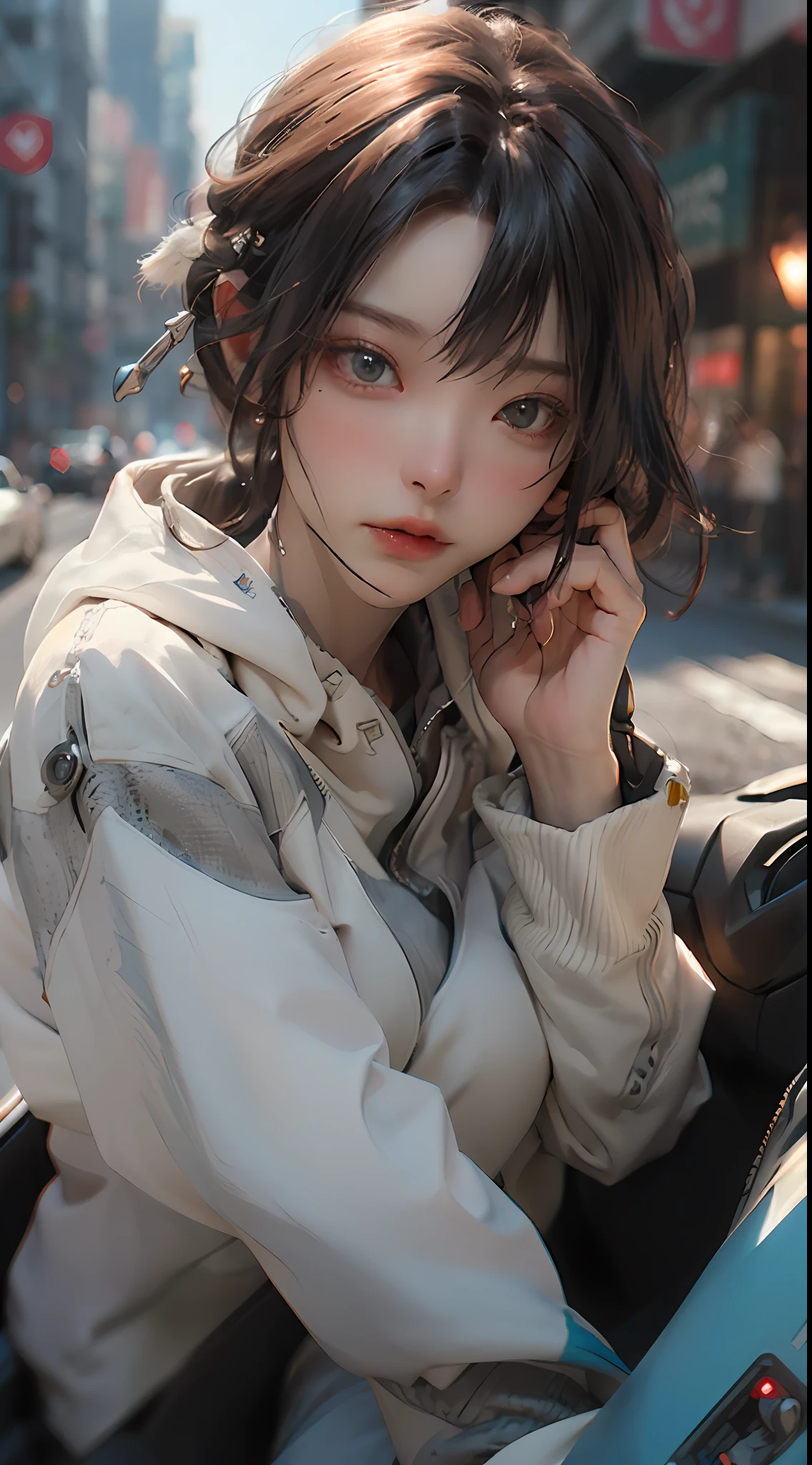 ((best qualtiy)), ((tmasterpiece)), (the detail:1.4), 3D, A beautiful cyberpunk female image,HDR(HighDynamicRange),Ray traching,NVIDIA RTX,Super-Resolution,Unreal 5,Subsurface scattering、PBR Texture、post-proces、Anisotropy Filtering、Footage of rushing on the street,maximum definition and sharpness、Many-Layer Textures、Albedo e mapas Speculares、Surface Coloring、Accurate simulation of light-material interactions、perfectly proportions、Octane Render、Two-colored light、largeaperture、Low ISO、White balance、the rule of thirds、8K RAW、