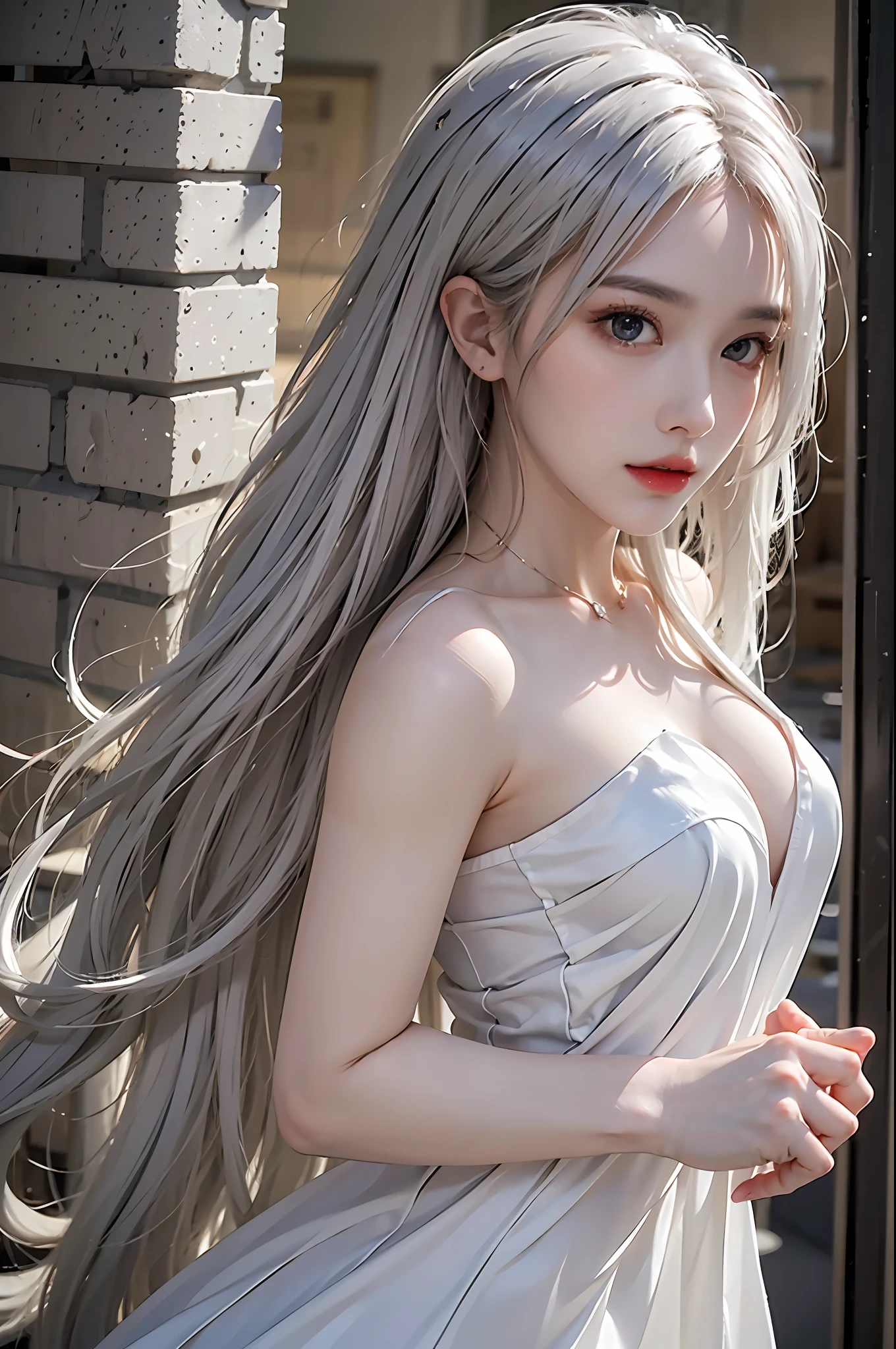 photorealistic, high resolution, 1 girl, hips up, beautiful eyes, white hair, long hair, ringed eyes, prom dress