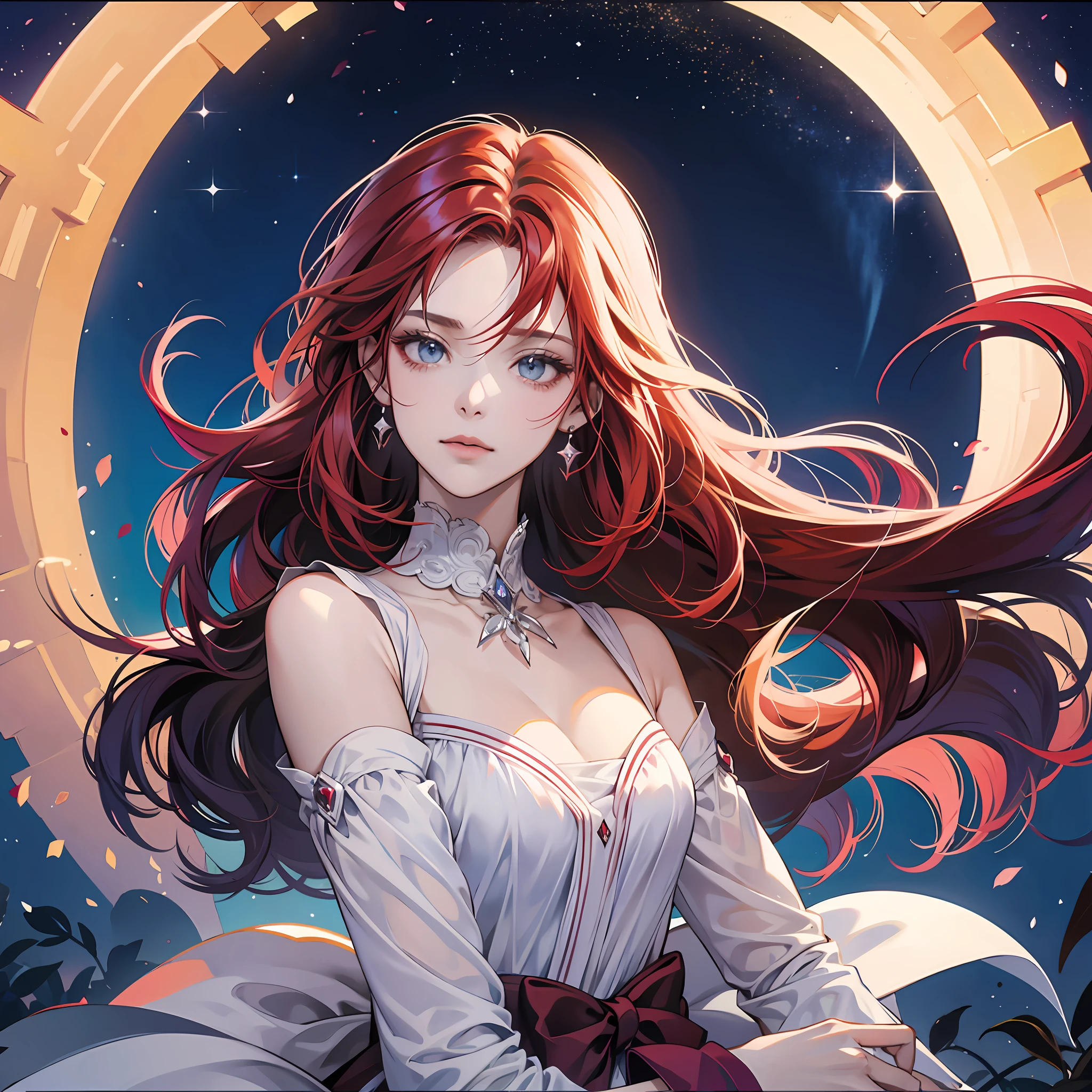 Red hair gradient , Ciel nocturne, Detailed face, Mise au point sur le visage, texture pores peau, Jeu CG, Ciel proche, Clair de lune, lune, Gants blancs, Magical Girl Beauty dans le verre de robe, Complex surface details, Noyau de cristal , Ethereal fantasy, Realstic, fiction, Full-HD, Photo 8k , shy , enjoying --auto