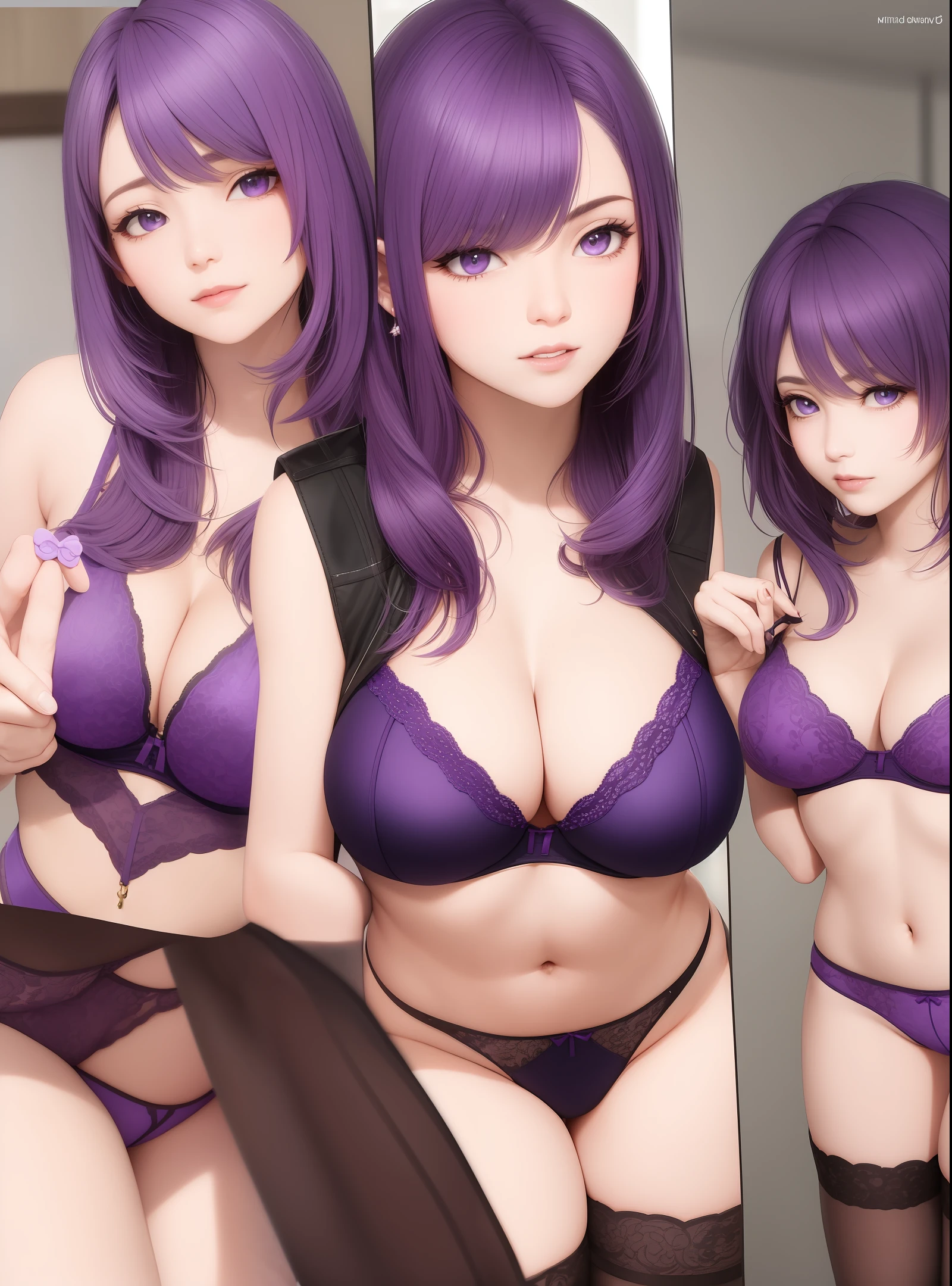 Command to the camera，Purple hair big breasts，Bare chest，Bra love type，Realiy，disturb，seductiv，seduce，Purple stockings，Purple miniskirt，Men's panties in hand，Purple hand stockings