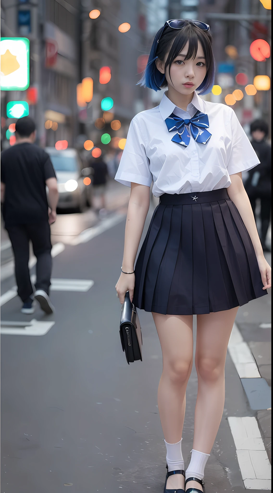 (8k, RAW photo, best quality, mastery:1.3),(realistic,photo-realistic:1.37),(looking viewer:1.331),(blue hair),posing,Tokyo street,cyberpunk city,soft light,1girl,extremely beautiful face,hands down,casual hairstyle,casual expression, Big eyes, lower abdomen, (short sleeves JK_shirt), JK_style, (blue JK_skirt), (bow JK_tie), mix4, full body, full body photo