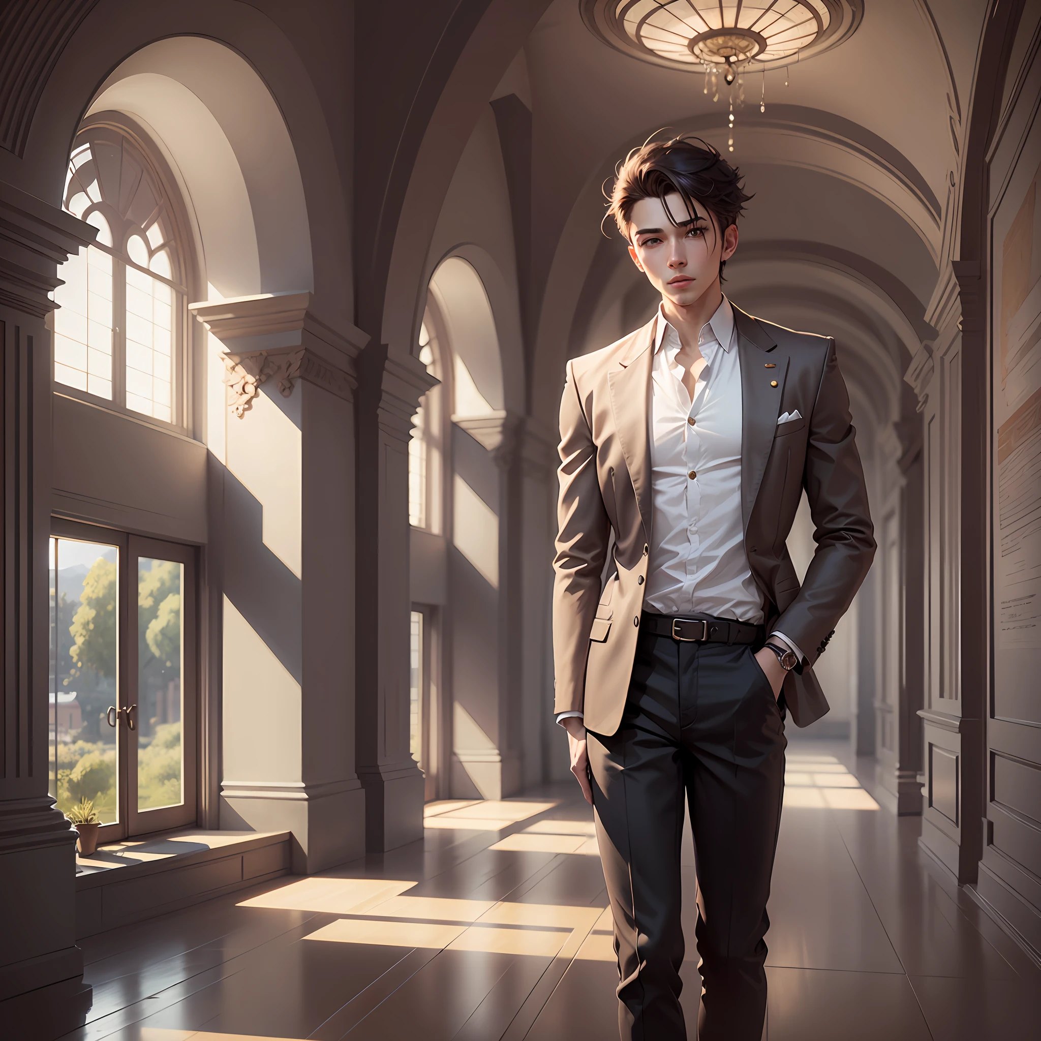 anime boy standing, Clip Studio Paint EX, charlie bowater, cosmic, classit outfit, contemporary interior design, eero saarinen, cycladic architecture, tuscan landscape design --auto --s2