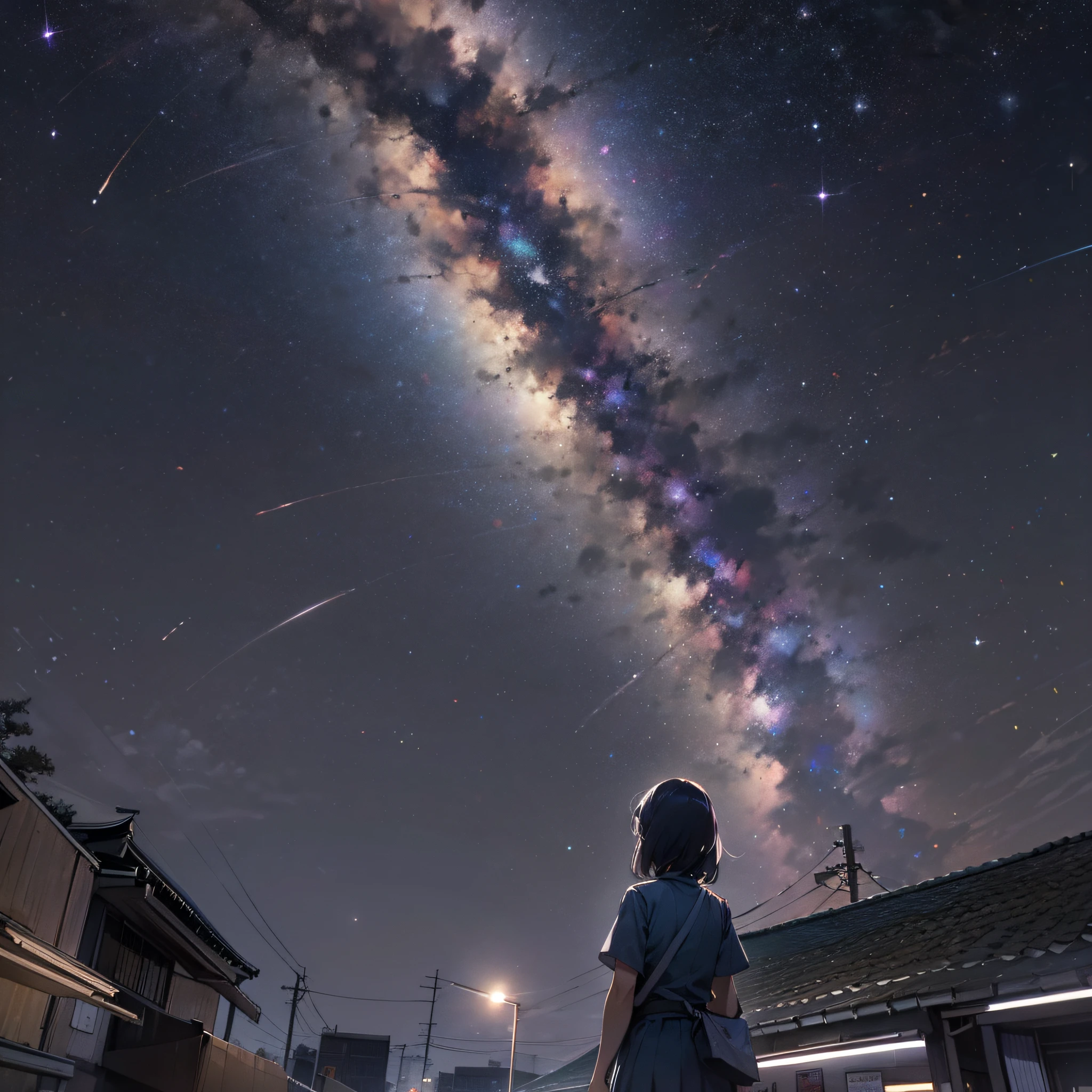 Woman looking up at the Milky Way in the cloudless Akane sky from downtown Showa
