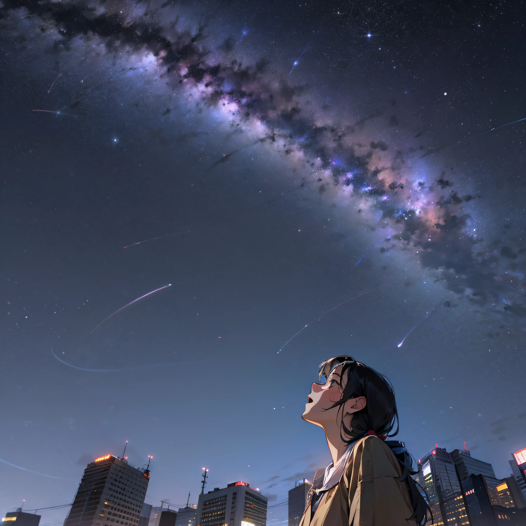 Woman looking up at the Milky Way in the cloudless Akane sky from downtown Showa