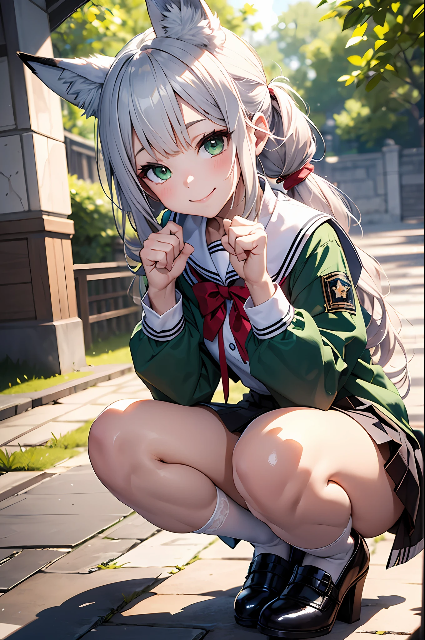 (top-quality、8K、32K、​masterpiece、nffsw:1.2)、beauitful face、blurry backround、 beautiful girl、shinny skin, (１The fox tail of the book grows:1.3)、Beautiful silver hair、poneyTail、Deep green eyes、Fox ears、a sailor suit、pleatedskirt、White socks, Naughty smile, crouching down、paw pose、white  panties、(beautiful nipple slips:0.9)、