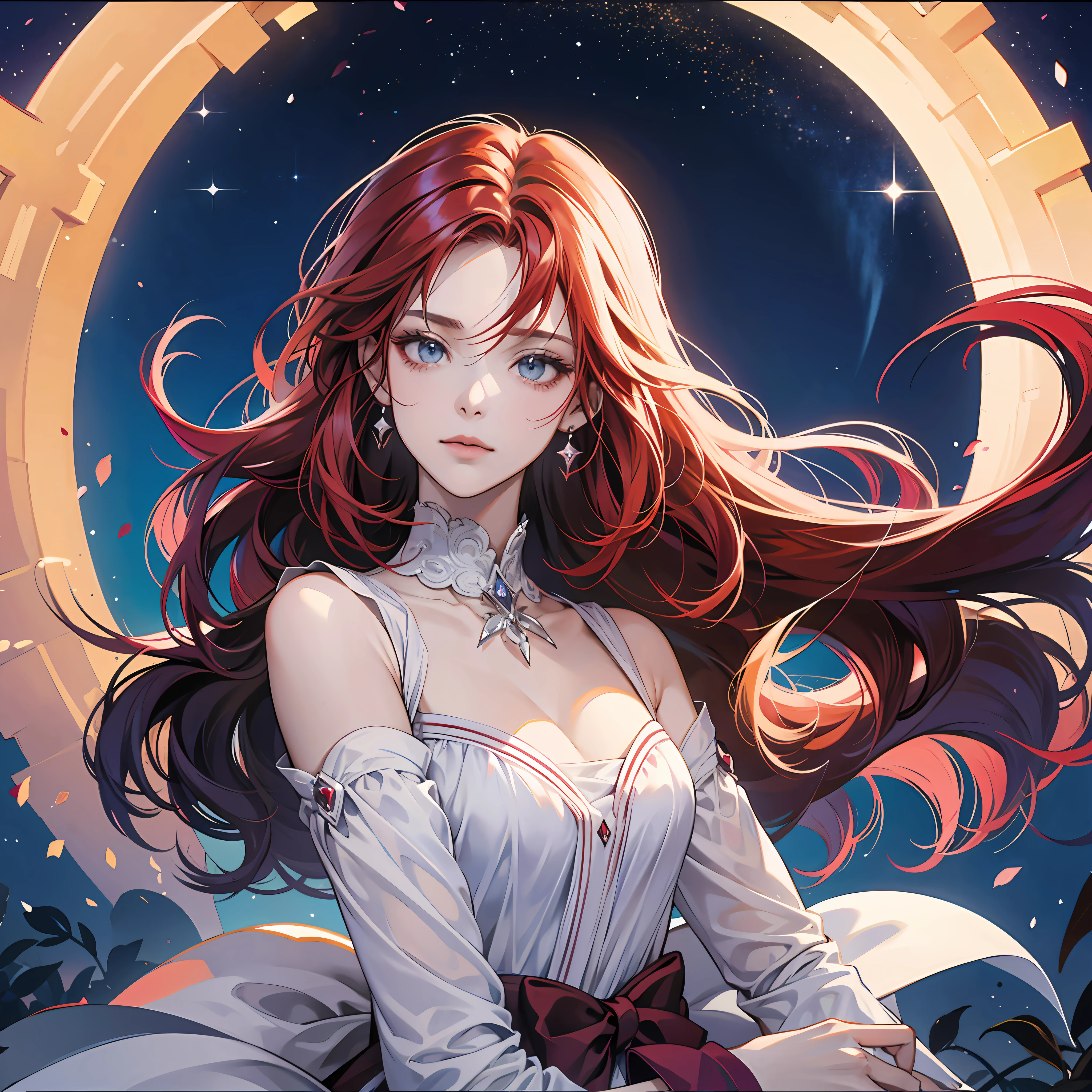 Red hair gradient , Ciel nocturne, Detailed face, Mise au point sur le visage, texture pores peau, Jeu CG, Ciel proche, Clair de lune, lune, Gants blancs, Magical Girl Beauty dans le verre de robe, Complex surface details, Noyau de cristal , Ethereal fantasy, Realstic, fiction, Full-HD, Photo 8k , shy , enjoying --auto
