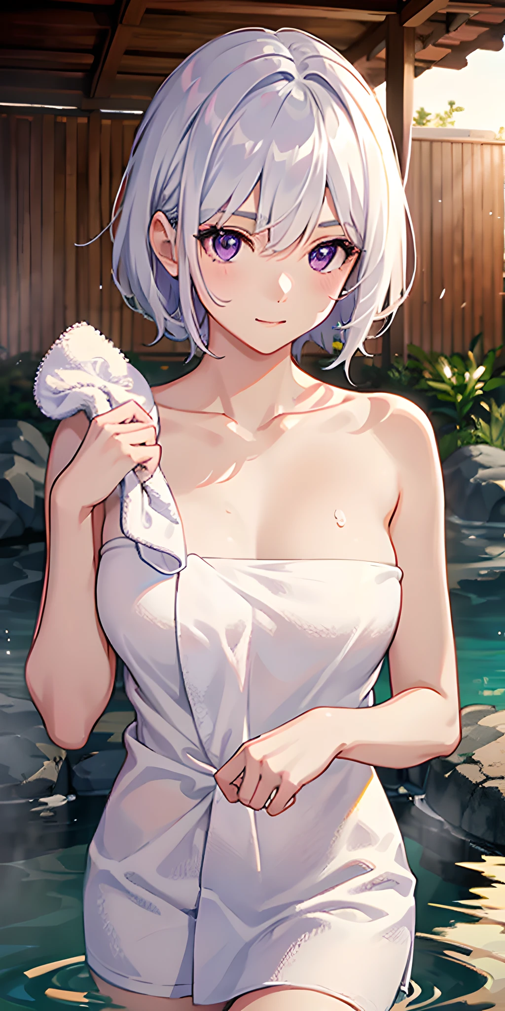 1girl, white hair, purple eyes, portrait, realistic, ((towel)), (onsen), sidelighting, wallpaper, nsfw
