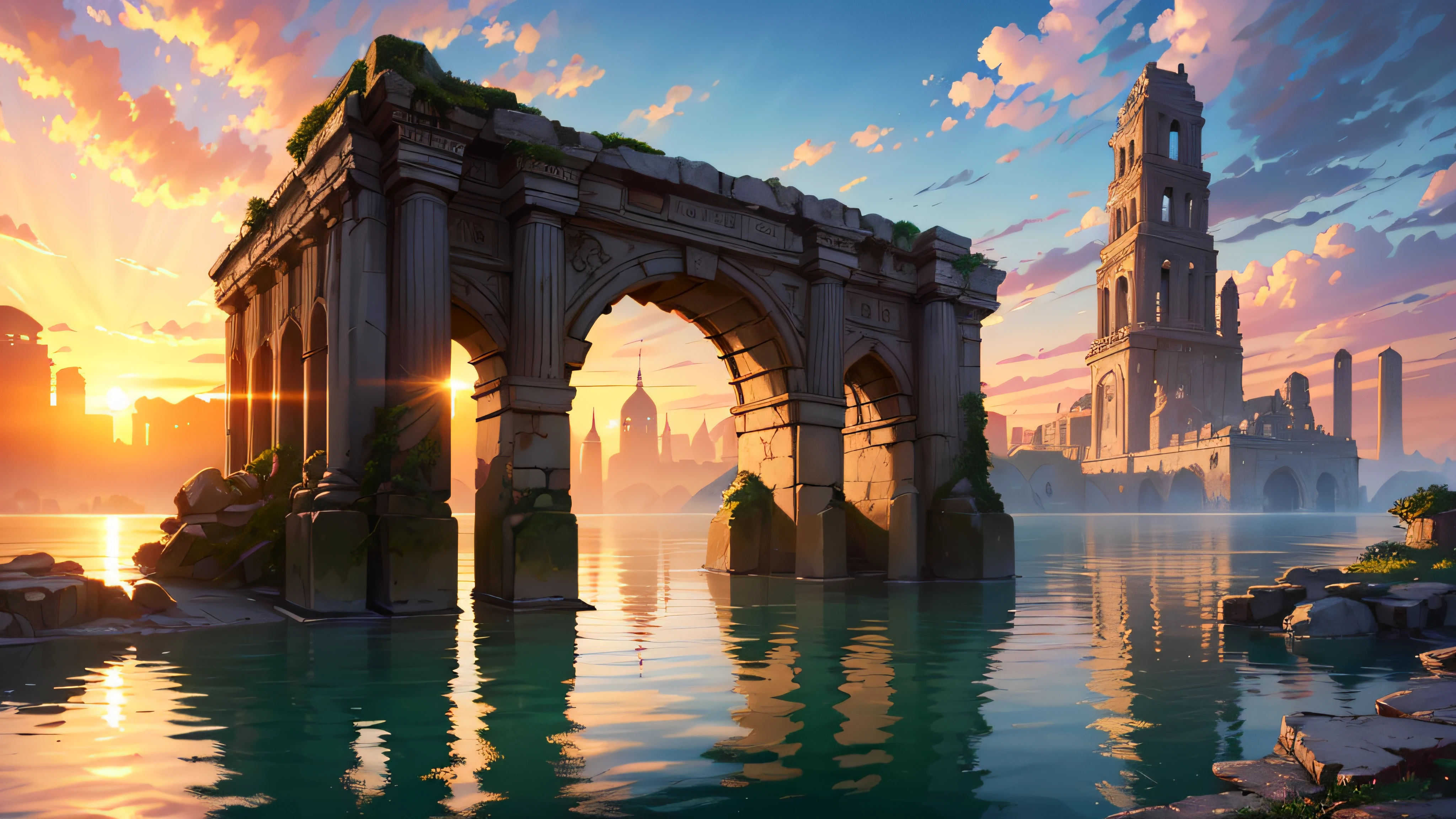 (8k, RAW photo, best quality, masterpiece:1.25), (realistic, photo-realistic:1.45), octane render, ultra high res, ultra-detailed, intricate, professional lighting, photon mapping, radiosity, physically-based rendering, ue5, ((island sanctuary)), ((ancient kingdom)), (reflections in water), ((raytracing)), ((drowned city)), (good architecture, realistic architecture), (good composition), (golden hour), (beautiful sky), cinematic camera angle, golden ratio:0.55,