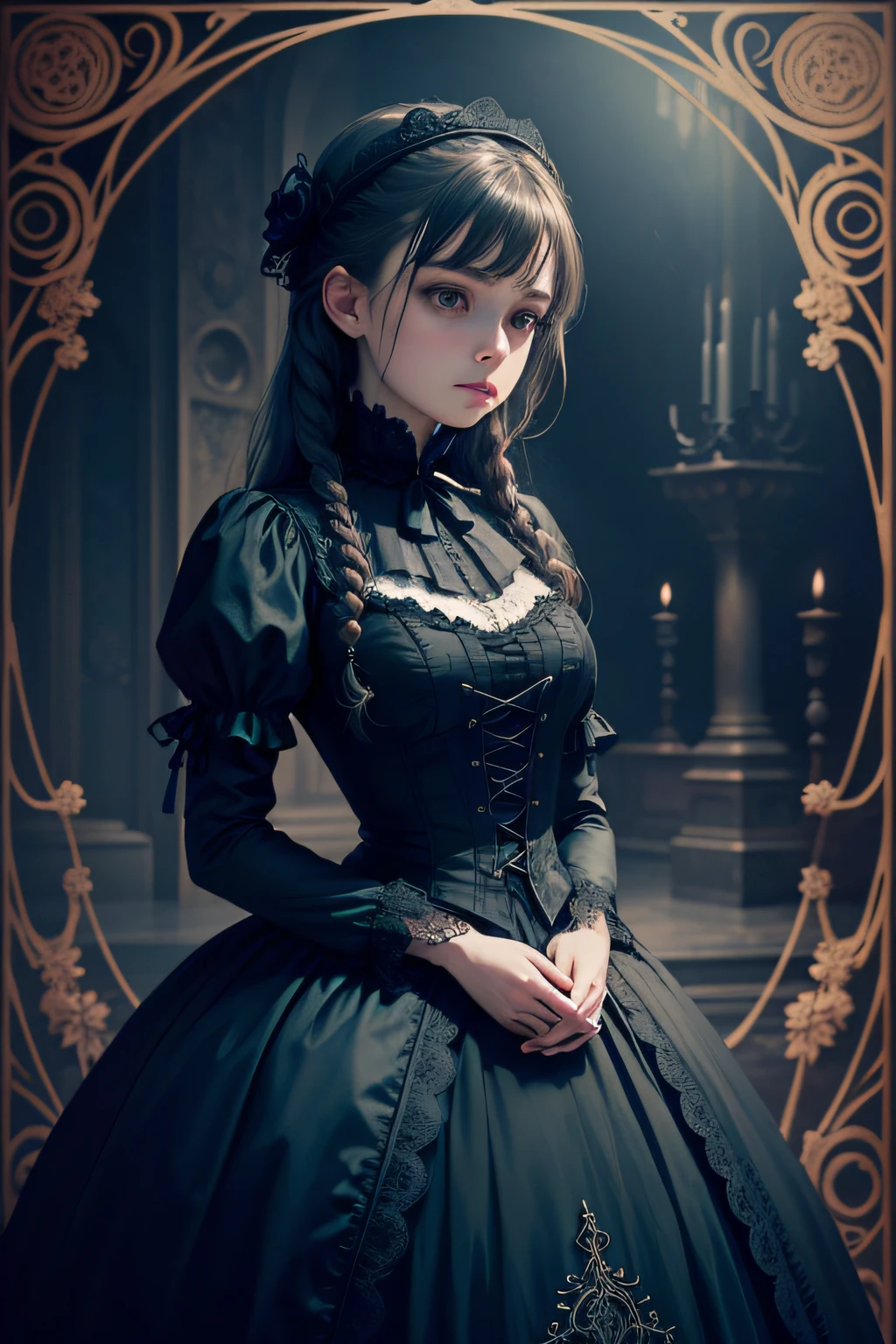 Official Art, Unity 8k wallpaper, super detailed, beautiful, beautiful, masterpiece, best quality, darkness, atmosphere, mystery, romanticism, creepy, literature, art, fashion, victorian, decoration, intricacies, ironwork, lace, contemplation, emotional depth, supernatural, full body, 1 girl, solo, neck, bust composition