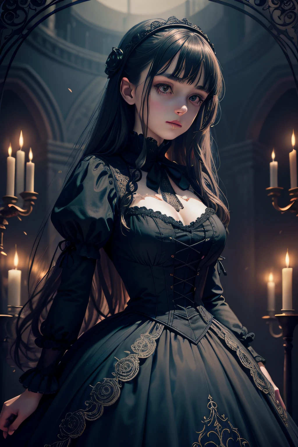 Official Art, Unity 8k wallpaper, super detailed, beautiful, beautiful, masterpiece, best quality, darkness, atmosphere, mystery, romanticism, creepy, literature, art, fashion, victorian, decoration, intricacies, ironwork, lace, contemplation, emotional depth, supernatural, full body, 1 girl, solo, neck, bust composition