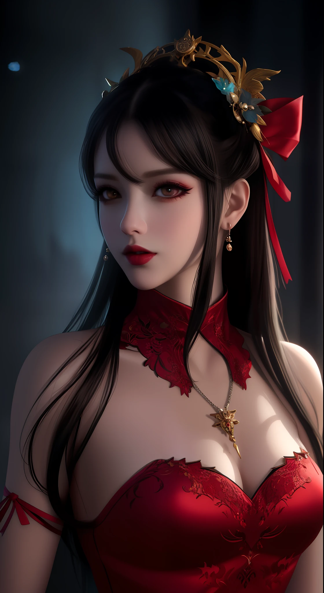 best quality, masterpiece, highres, 1girl, hanfu, white and even teeth, red irises, chinese underwear, hair ornaments, necklace, jewelry, crown jewelry. Pretty face, upper body, magic import style, tyndall effect, photo realistic, dark studio, border light, two tone light, (high detail skin: 1.2), 8k uhd, dslr , soft light, high quality, volumetric light, candid, Photo , high resolution, 4k, 8k, Bokeh, (light pink lips), 1 beautiful demon from hell, In the Dark: 1.6), surreal portraits of women by David Hockney and Alphonse Mucha, fantasy art, photorealism, dynamic lighting, station art, posters, volumetric lighting, highly detailed faces , super 8k, Awarded, in the dark, deep shadow, low light, cowboy lens, (Red phoenix shirt: 1.4), long hair, black hair, bust, luxury palace, Royal style family, devil's crown, red eyes with very sharp and detailed makeup, Best face, Very round and tight breasts, Surreal, chinese women's clothing, turtleneck polo lace top, charming smile, Beautiful eye makeup, guweiz, devil style, black lace stockings, mesh stockings with hooks on underwear, ponytail with a bow at the back, dark red lips, Devil tattoo on shoulder, wearing a nightgown thin lace deep slit chest red black, overcast and thunderous landscape, (Portrait), Close-up of main character, (Background detail 1.8),