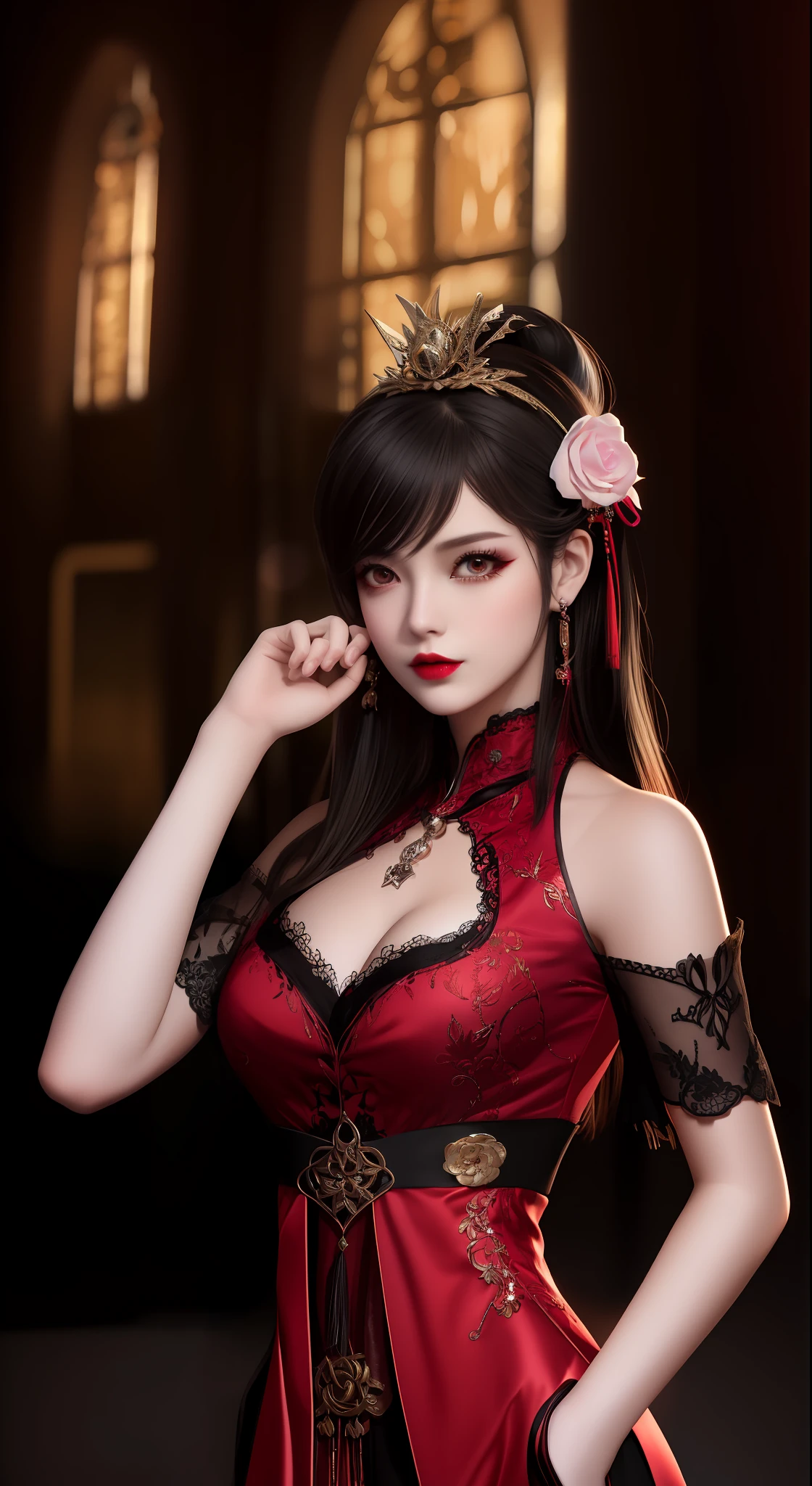 best quality, masterpiece, highres, 1girl, hanfu, white and even teeth, red irises, chinese underwear, hair ornaments, necklace, jewelry, crown jewelry. Pretty face, upper body, magic import style, tyndall effect, photo realistic, dark studio, border light, two tone light, (high detail skin: 1.2), 8k uhd, dslr , soft light, high quality, volumetric light, candid, Photo , high resolution, 4k, 8k, Bokeh, (light pink lips), 1 beautiful demon from hell, In the Dark: 1.6), surreal portraits of women by David Hockney and Alphonse Mucha, fantasy art, photorealism, dynamic lighting, station art, posters, volumetric lighting, highly detailed faces , super 8k, Awarded, in the dark, deep shadow, low light, cowboy lens, (Red phoenix shirt: 1.4), long hair, black hair, bust, luxury palace, Royal style family, devil's crown, red eyes with very sharp and detailed makeup, Best face, Very round and tight breasts, Surreal, chinese women's clothing, turtleneck polo lace top, charming smile, Beautiful eye makeup, guweiz, devil style, black lace stockings, mesh stockings with hooks on underwear, ponytail with a bow at the back, dark red lips, Devil tattoo on shoulder, wearing a nightgown thin lace deep slit chest red black, overcast and thunderous landscape, (Portrait), Close-up of main character, (Background detail 1.8),
