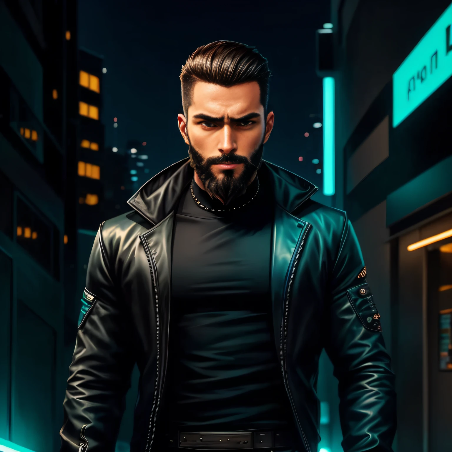 There's a man with brown eyes staring at the camera beard, short straight hair with gradient cut futuristic black cyber punk style clothing appearing from the waist up standing on the street, estilo de arte realista, Commission for High Res, arte de fundo, Retrato do conceito do personagem de mim, Epic portrait illustration, estilo de arte desconhecido, retrato da arte do personagem, hero pose colorful city lighting, Retrato Lofi, retrato de alta qualidade, retrato estilizado, retrato detalhado do caractere, official character illustration --auto