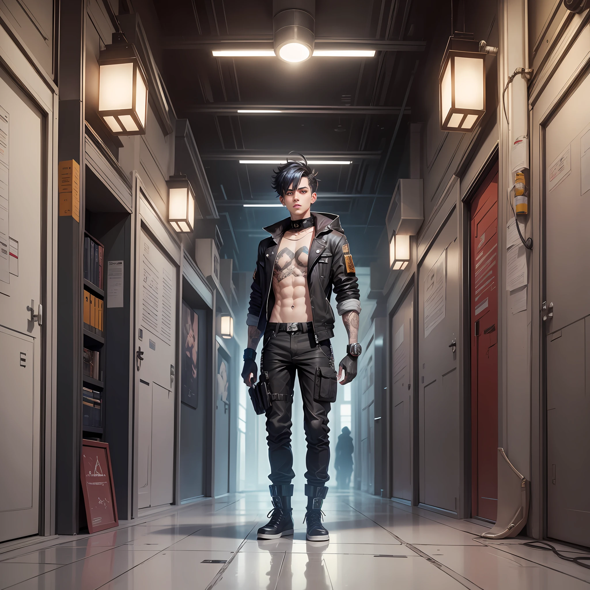 anime boy standing, Clip Studio Paint EX, charlie bowater, astropunk, diesel punk outfit, dark academia interior design, ludwig mies van der rohe, riad architecture --auto --s2