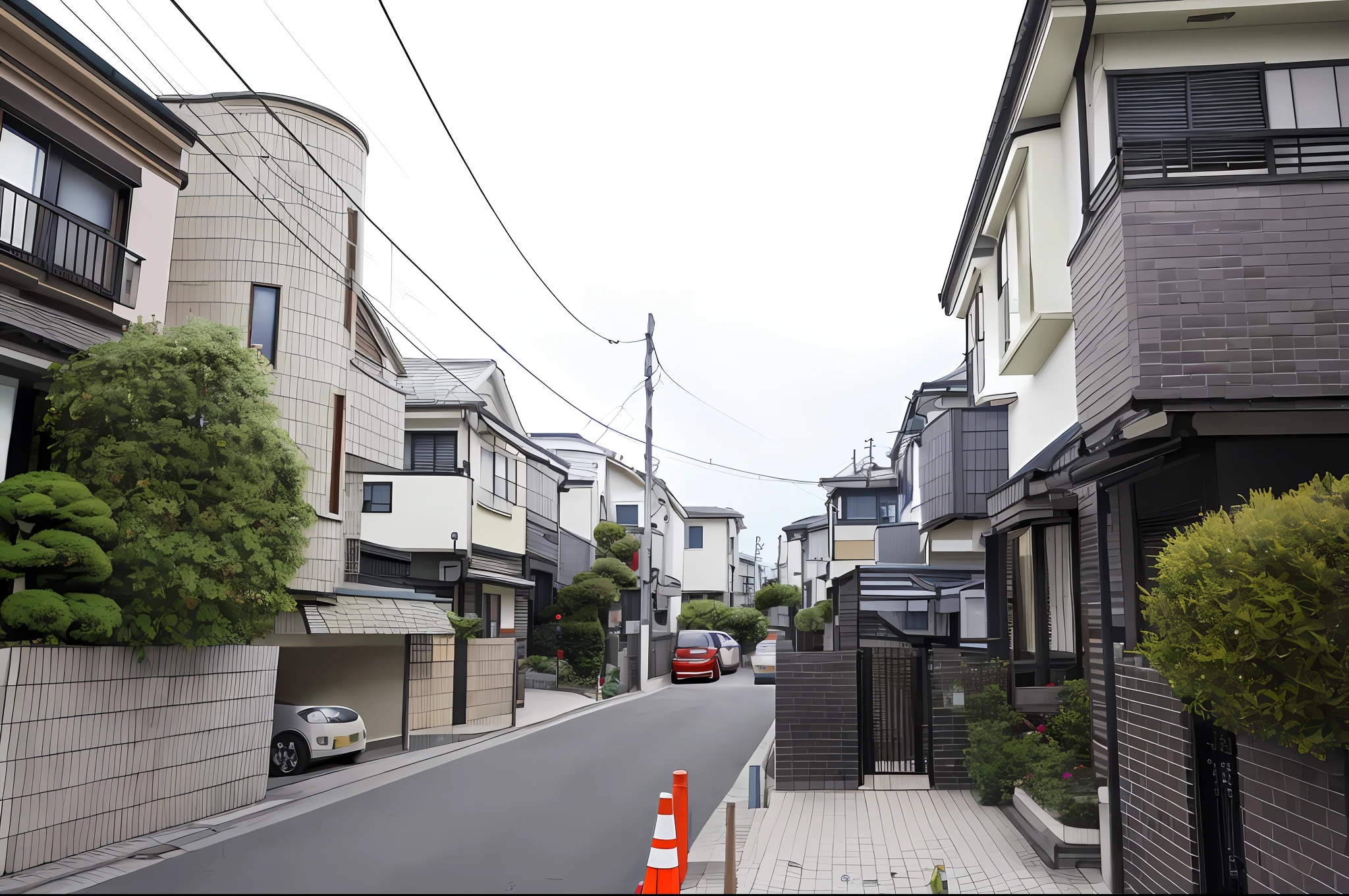 there is a street with a car parked on the side of it, residential area, japanese neighborhood, japanese street, taken with sigma 2 0 mm f 1. 4, 2 4 mm iso 8 0 0, tokyo - esque town, 2 4 mm iso 8 0 0 color, street level view, single street, street view, photograph of the city street, best quality,masterpiece,Flat color, Plants are faithful, Faithful to the photograph, Do not shift the position, Position accurately, The white lines on the road are accurate, Accurately represent the pattern on the wall, Detailedly depict the depth, 
Subtly represent bright colors, Brighten the dark areas, Make the power lines thin, Keep the lines as straight as possible, Astounding fidelity, Precisely depict the window frames, (Desaturated tones: 1.25), (HDR: 1.25), (ArtStation: 1.2), (Intricate details: 1.14), (Ultra-realistic 3D rendering: 1.16), (Film: 0.55)
