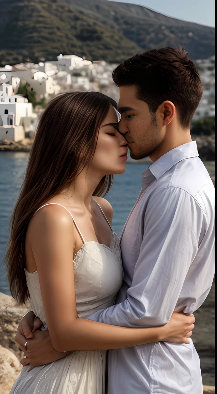 A imagem retrata uma jovem de 18 anos, com belos cabelos loiros e olhos azuis brilhantes, sharing a passionate kiss with an unknown man against the captivating backdrop of the Greek islands. She is dressed elegantly and sexily, that enhances your youthful curves, enquanto o homem veste uma camisa branca casual, complementing the relaxed and romantic atmosphere. The vibration of love is palpable in this idyllic scene.