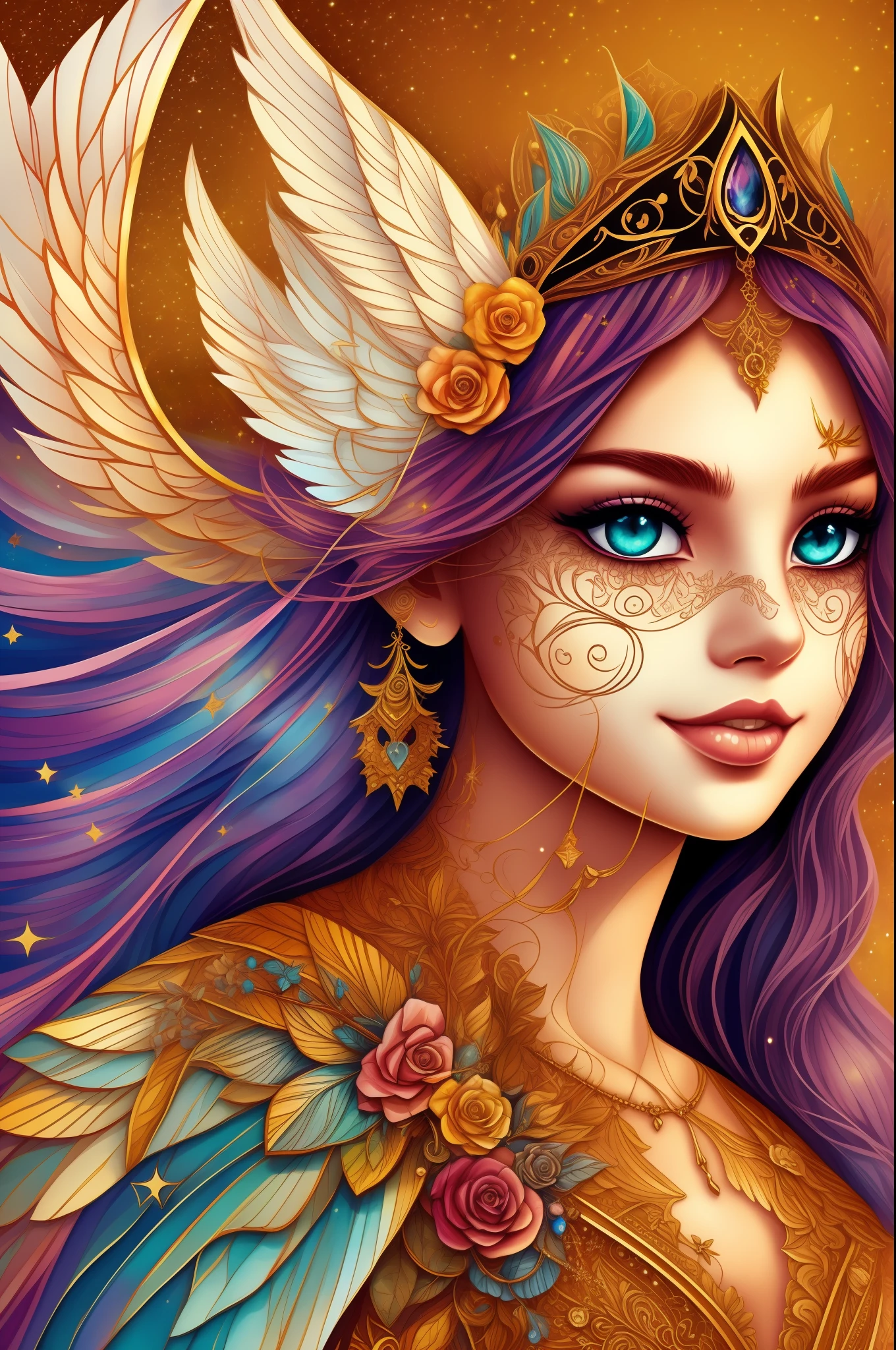 Watercolor beautiful magical beautiful Mystic Goddess, flowing heart, vintage frame, with angel wings, smile, feathers, stars, roses, moon, facing side, fantasy illustration, perfect face, with beautiful face and with stars, beautiful light hair, perfect eyes, gold light, vivid vibrant colors, intricate detail, hyper detailed, hyper quality, 32K, unreal engine, isolated on white background, kawaii, clipart, fantasy art