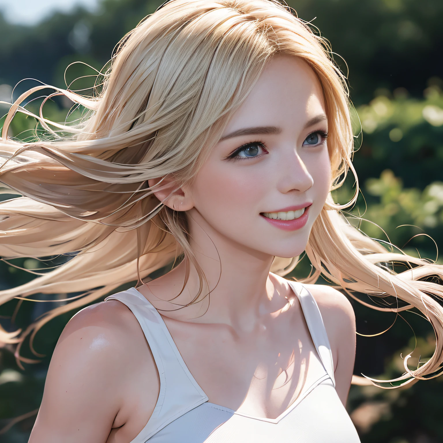 (8K, RAW Photos, of the highest quality, Masterpieces: 1.2), (Realistic, Photorealistic: 1.37), Highest Quality, Ultra High Resolution, light  leaks, Dynamic lighting, Slim and smooth skin, (Full body:1.3), (Soft Saturation: 1.6), (Fair skin: 1.2), (Glossy skin: 1.1), Oiled skin, 22 years old, Night, shiny white blonde, Well-formed, Hair fluttering in the wind, Close-up shot of face only, Physically Based Rendering, From multiple angles, A big smile