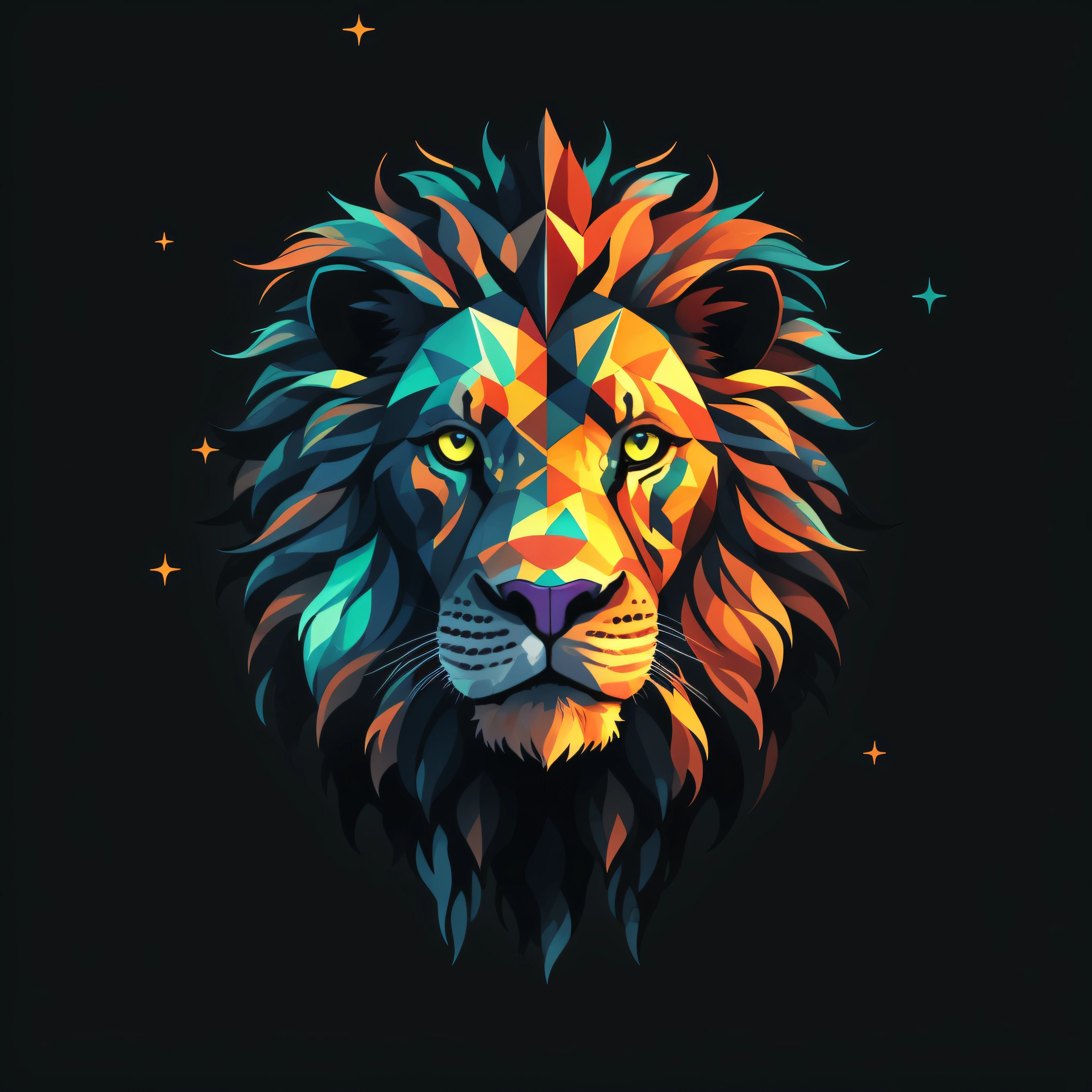 a silhouette design of a cosmic lion, t- shirt art, 3D vector art, cute and quirky, bright bold colorful., black background, watercolor effect, digital painting, low-poly, soft lighting, isometric style, focused on the character, 4K resolution, photorealistic rendering, using Cinema 4D, front side
