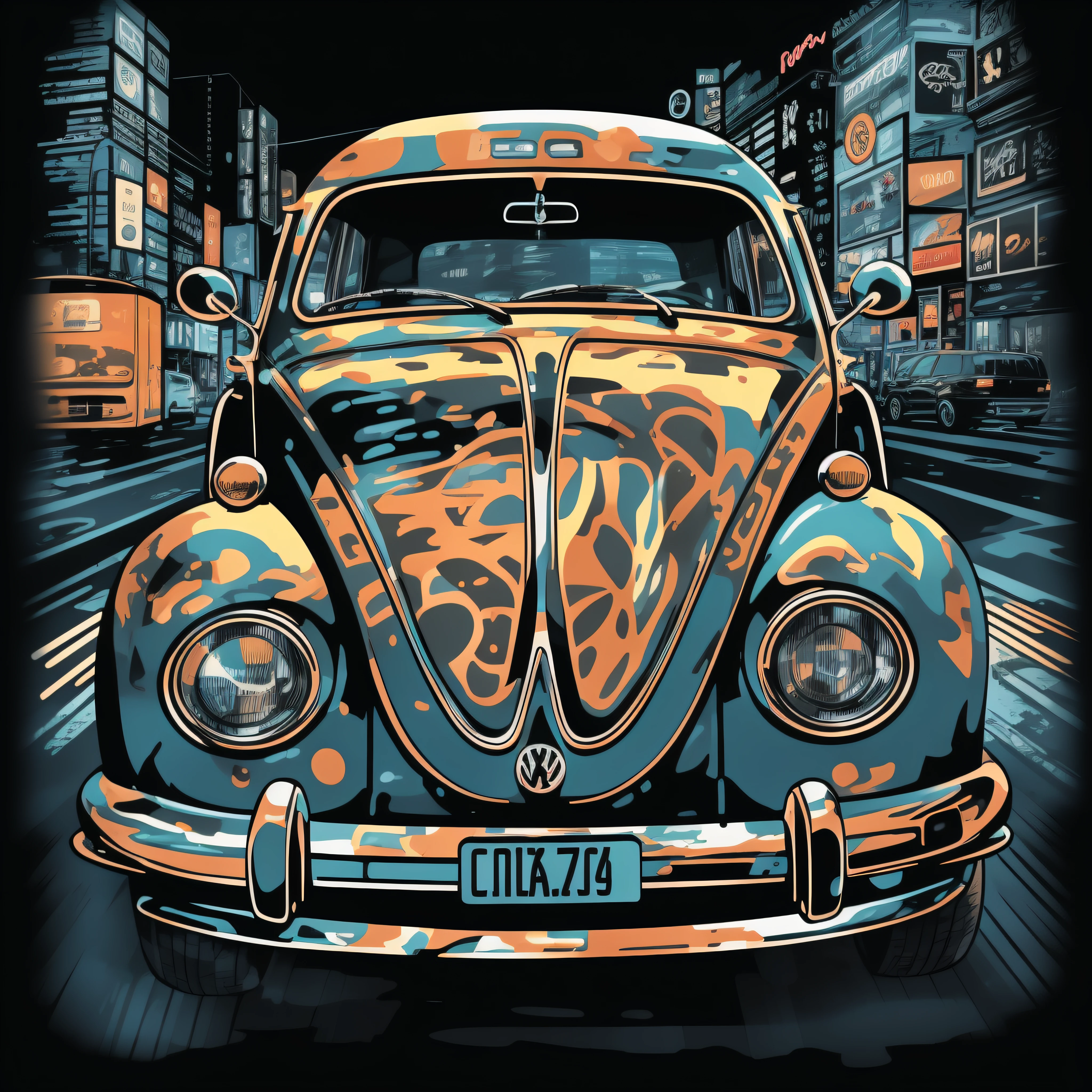 graphic design t-shirt VW car, flat design, comic art, pastel color, colorful pop art, highly detailed clean, vector image, photorealistic masterpiece, professional photography, realistic car, fujiyamatokyo night city, background for the car, flat black background, bright vector((black background)), bold detail, solid color, monochrome