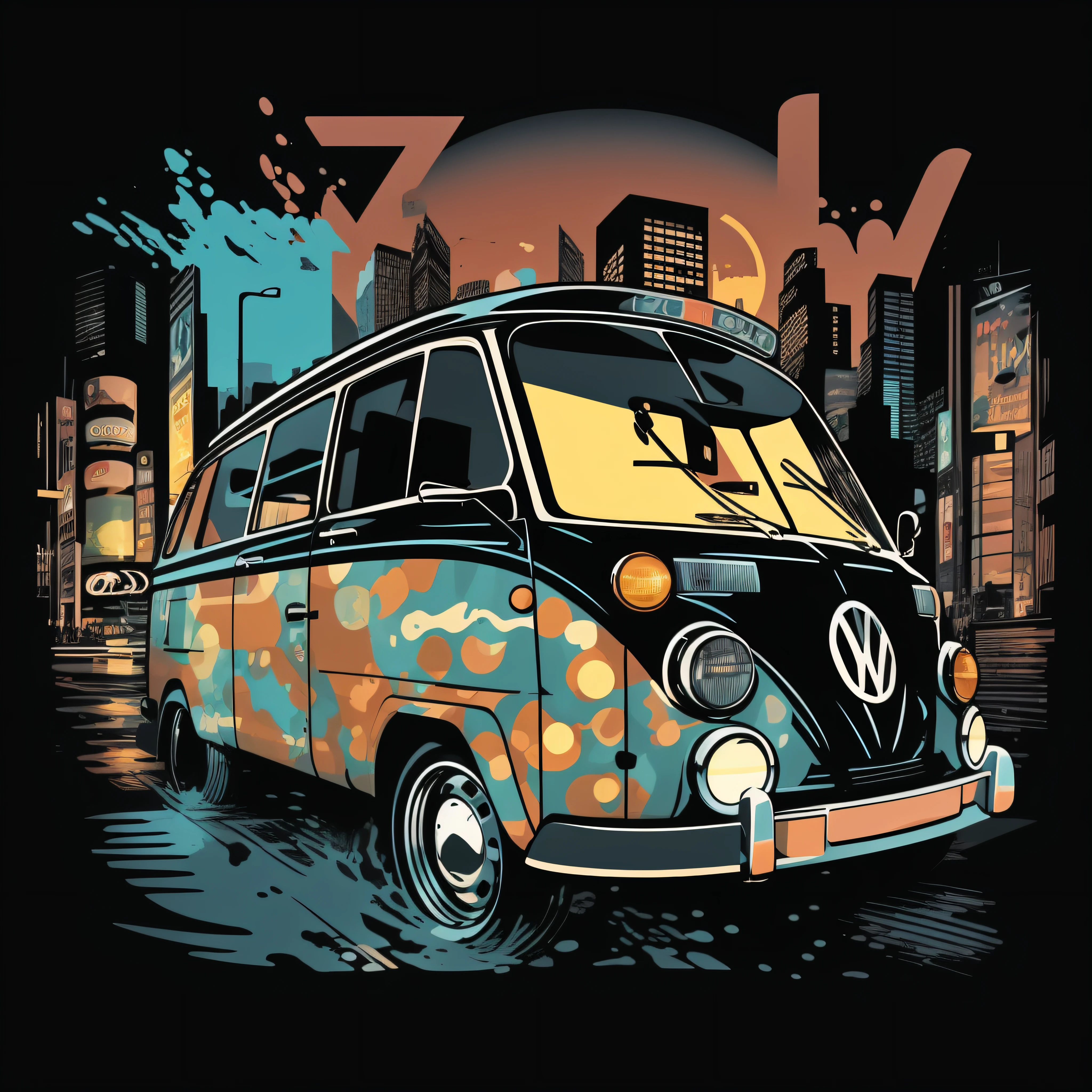 graphic design t-shirt VW car, flat design, comic art, pastel color, colorful pop art, highly detailed clean, vector image, photorealistic masterpiece, professional photography, realistic car, fujiyamatokyo night city, background for the car, flat black background, bright vector((black background)), bold detail, solid color, monochrome