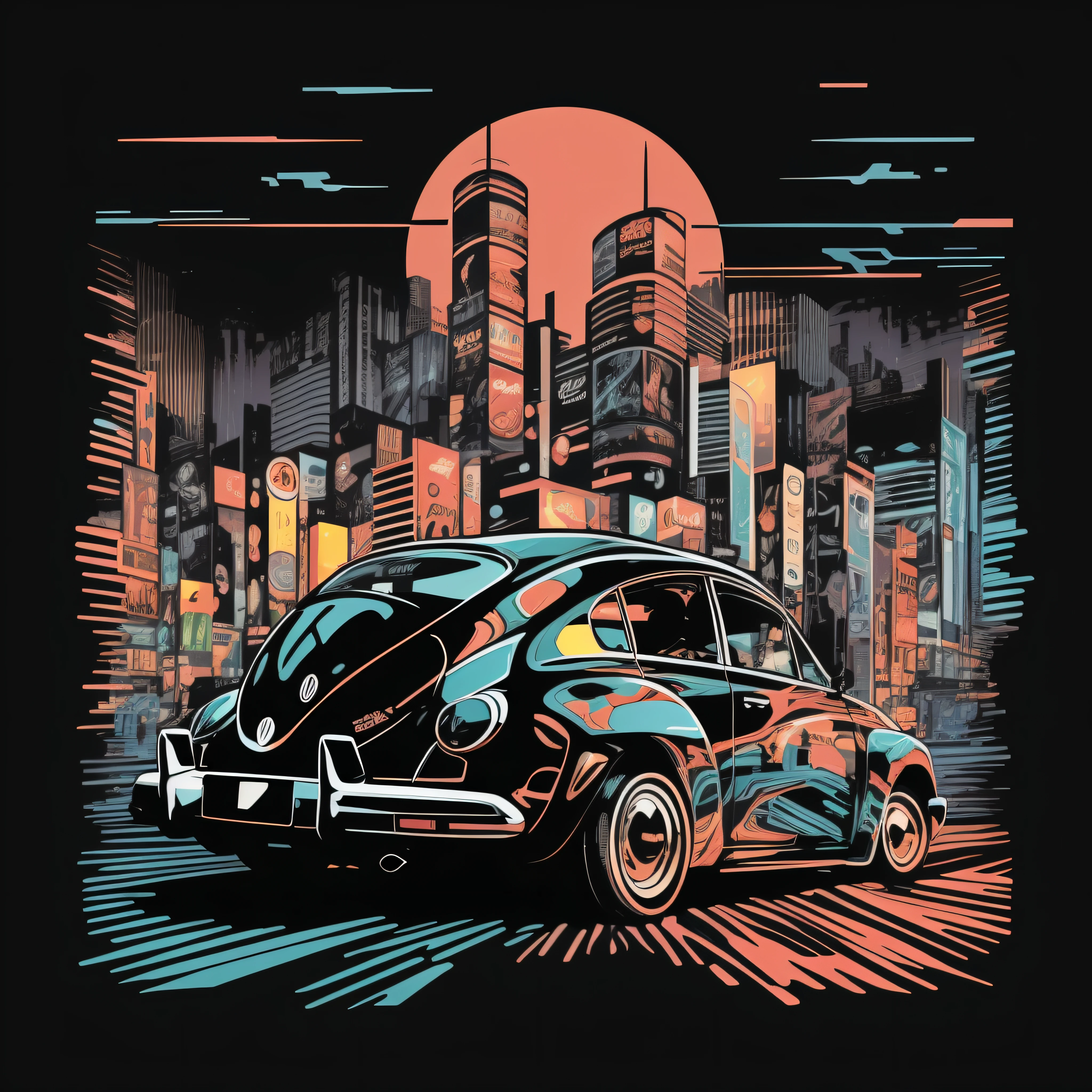 graphic design t-shirt VW car, flat design, comic art, pastel color, colorful pop art, highly detailed clean, vector image, photorealistic masterpiece, professional photography, realistic car, fujiyamatokyo night city, background for the car, flat black background, bright vector((black background)), bold detail, solid color, monochrome