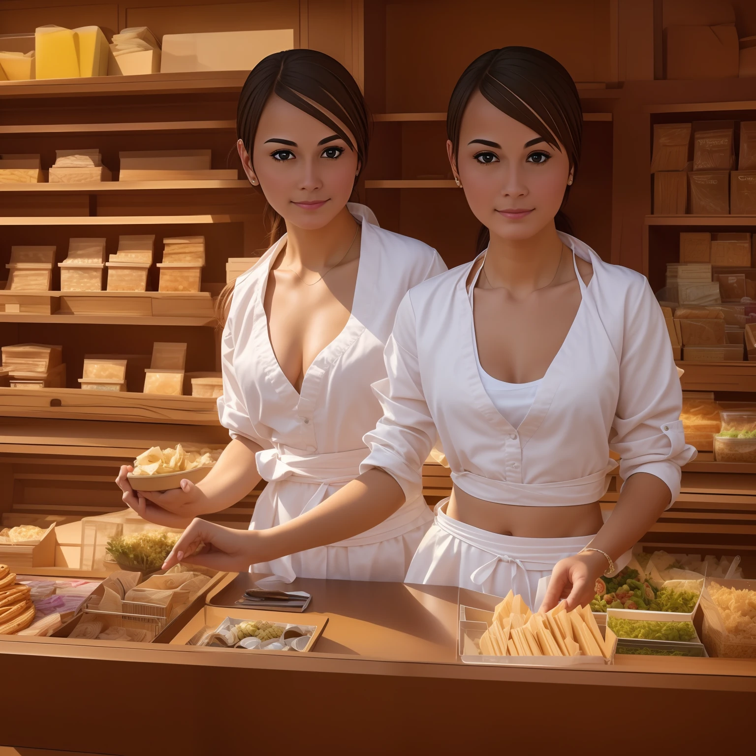 Masterpiece, best quality, (Action-packed:1. 2), (beautiful girl seller:1. 2), (sells goods:1. 2), (a counter and shelves with goods in the background:1. 3), incredible detail, highly detailed, composition, ultra-detailed, light leaks, trending on artstation, sharp focus, Absurdres