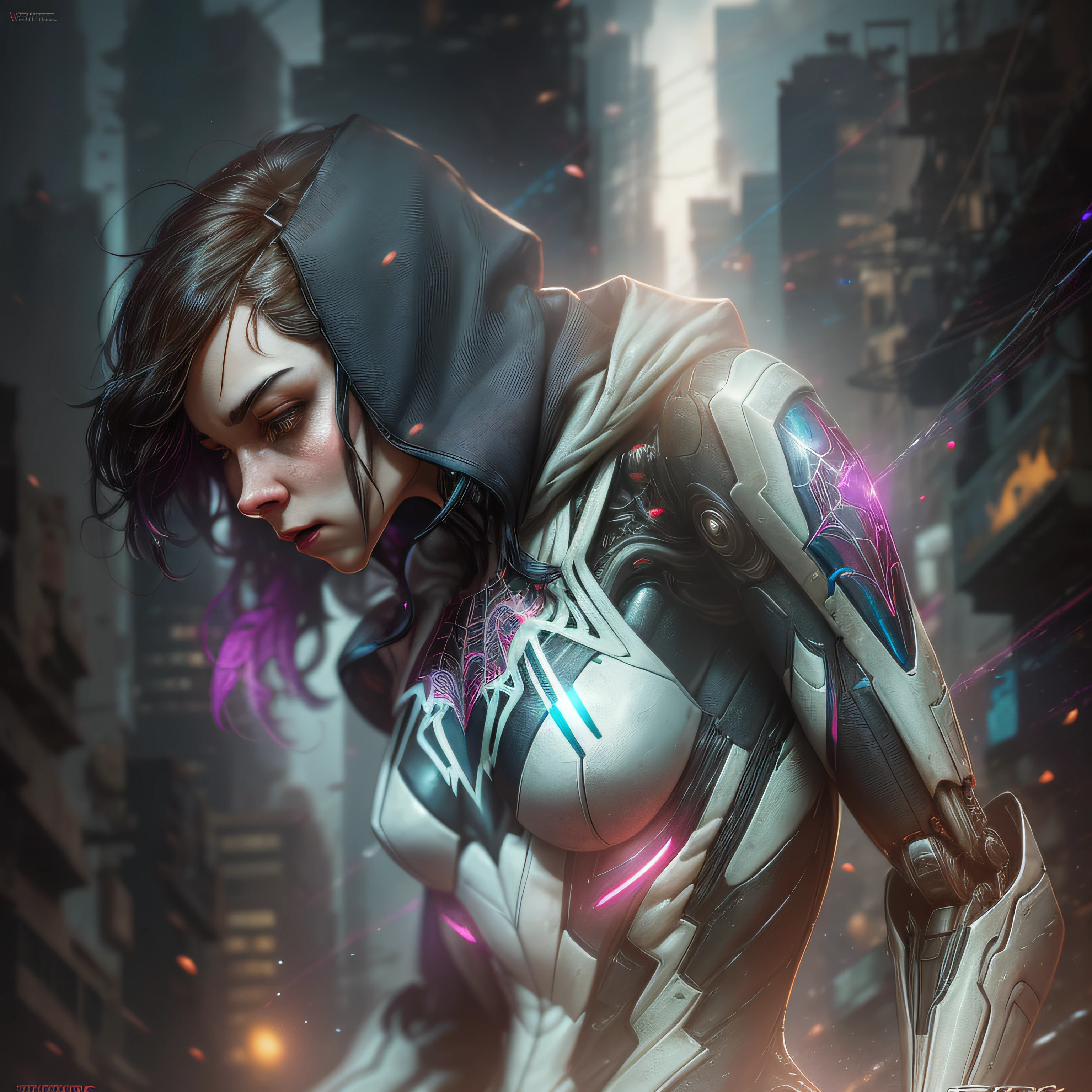 SpiderGwen, from DC photography, biomechanical, complex robot, full growth, hyper-realistic, insane small details, extremely clean lines, cyberpunk aesthetic, masterpiece featured on Zbrush Central