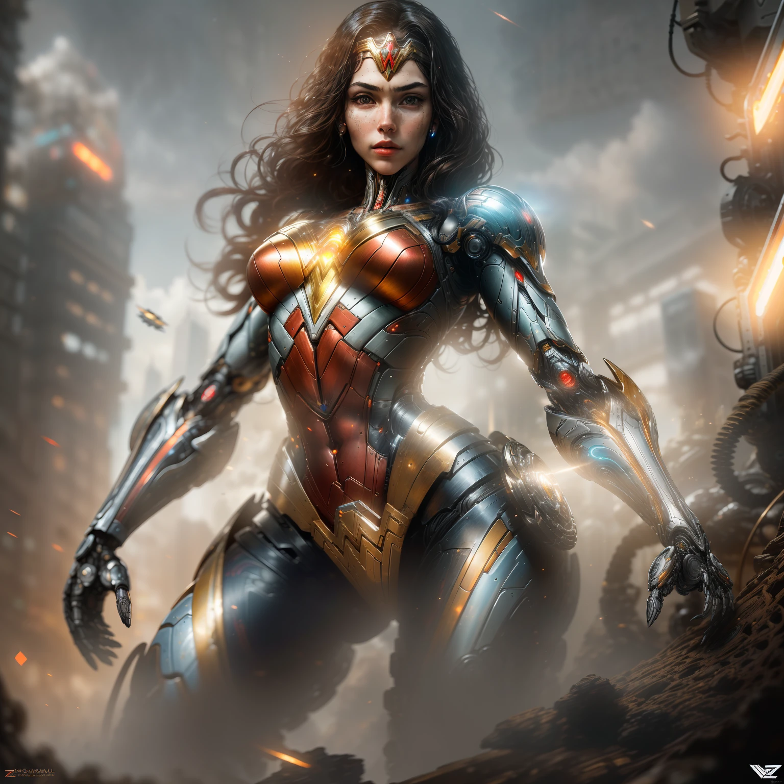 "Hyperrealistic rendering of Wonder Woman, showcasing her biomechanical suit with intricate robotic details. The composition should emphasize her full figure, with clean and precise lines. The overall visual style should incorporate a cyberpunk aesthetic, reminiscent of a masterpiece featured on Zbrush Central."