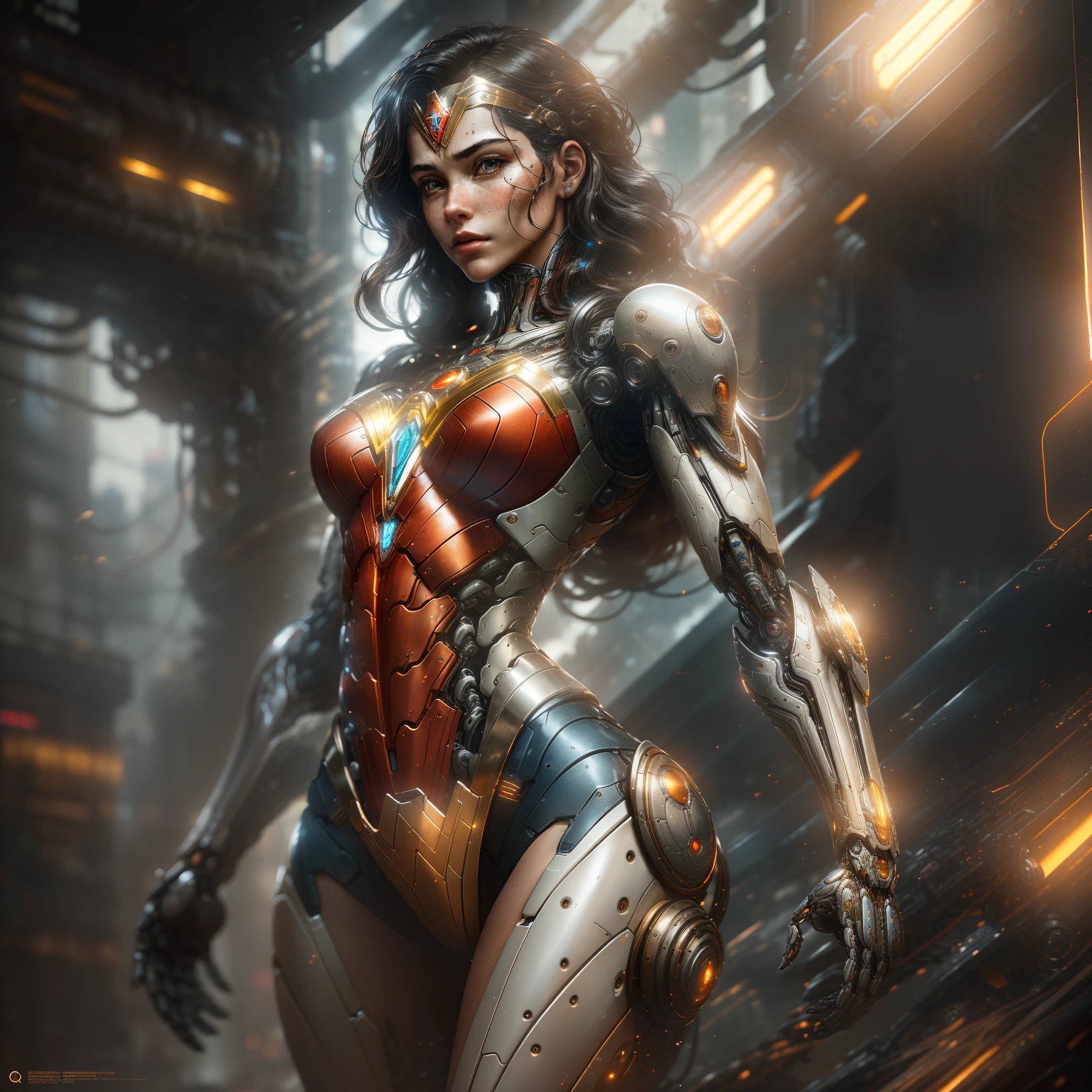 "Hyperrealistic rendering of Wonder Woman, showcasing her biomechanical suit with intricate robotic details. The composition should emphasize her full figure, with clean and precise lines. The overall visual style should incorporate a cyberpunk aesthetic, reminiscent of a masterpiece featured on Zbrush Central."