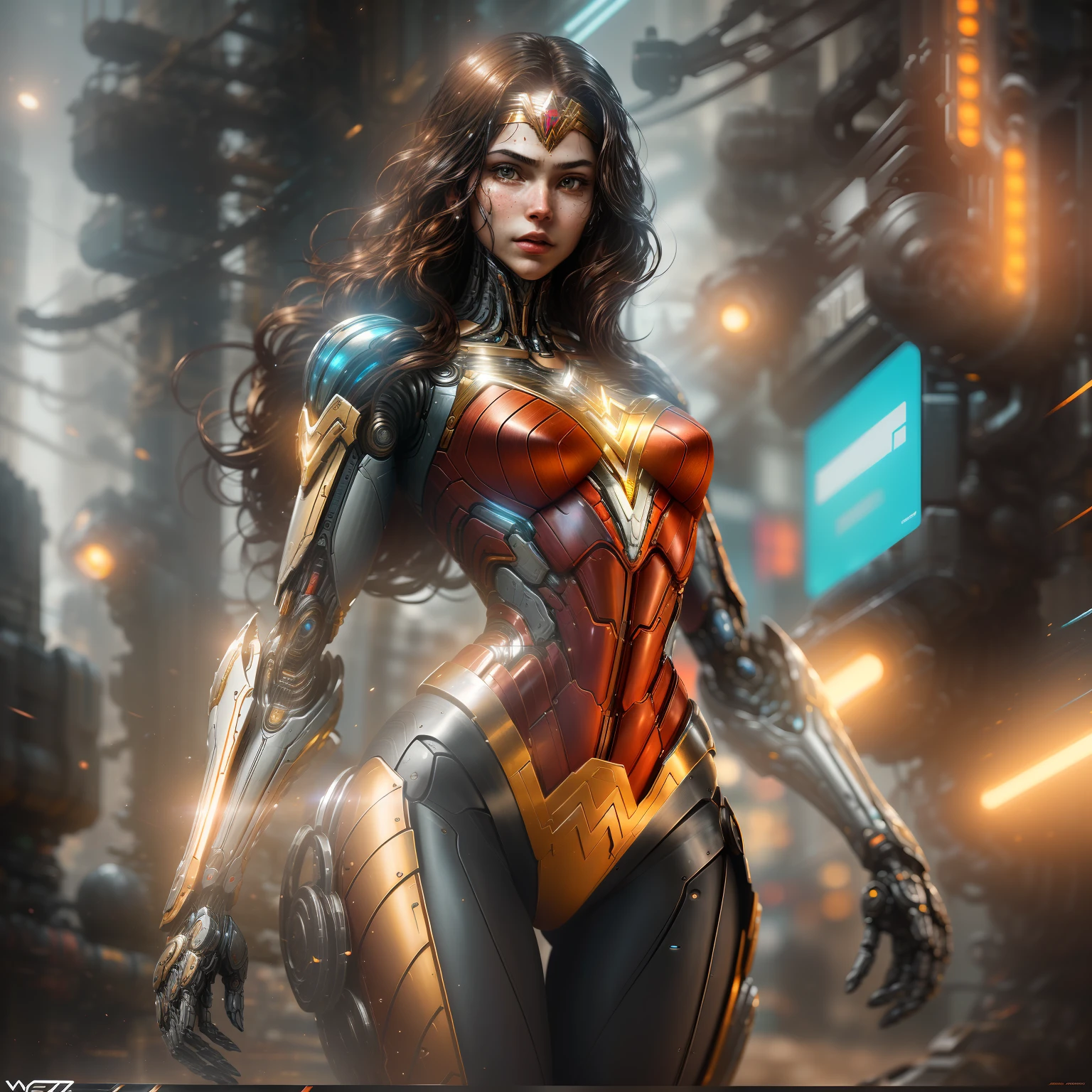 "Hyperrealistic rendering of Wonder Woman, showcasing her biomechanical suit with intricate robotic details. The composition should emphasize her full figure, with clean and precise lines. The overall visual style should incorporate a cyberpunk aesthetic, reminiscent of a masterpiece featured on Zbrush Central."
