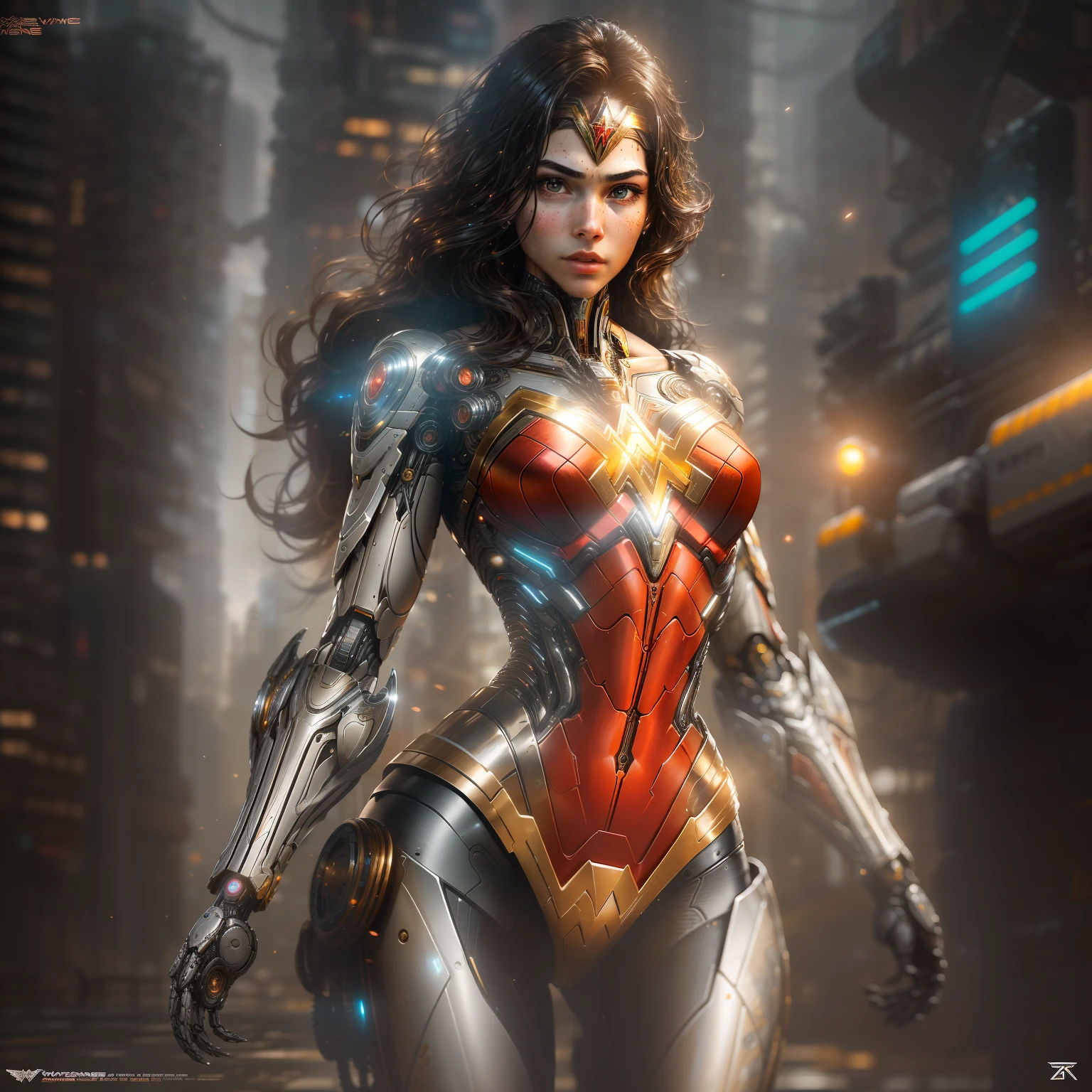 "Hyperrealistic rendering of Wonder Woman, showcasing her biomechanical suit with intricate robotic details. The composition should emphasize her full figure, with clean and precise lines. The overall visual style should incorporate a cyberpunk aesthetic, reminiscent of a masterpiece featured on Zbrush Central."