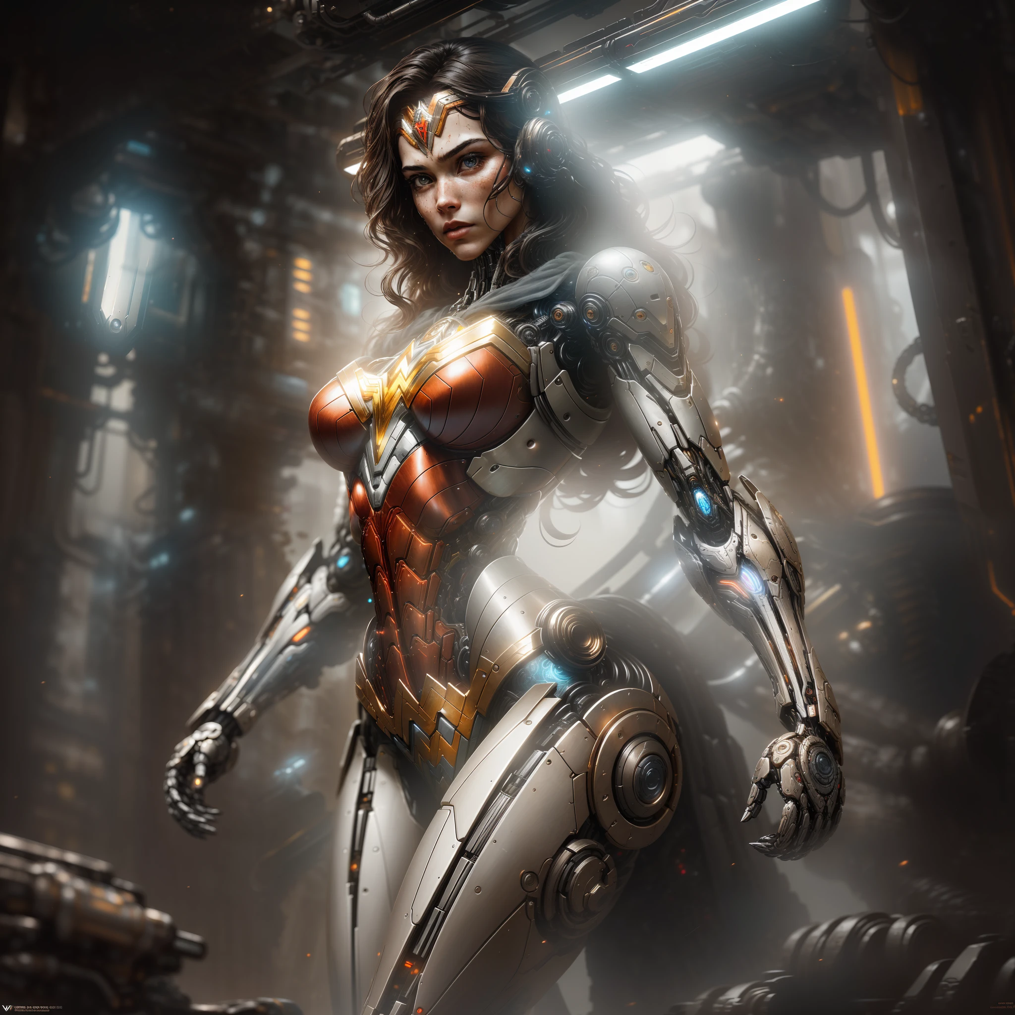 "Hyperrealistic rendering of Wonder Woman, showcasing her biomechanical suit with intricate robotic details. The composition should emphasize her full figure, with clean and precise lines. The overall visual style should incorporate a cyberpunk aesthetic, reminiscent of a masterpiece featured on Zbrush Central."