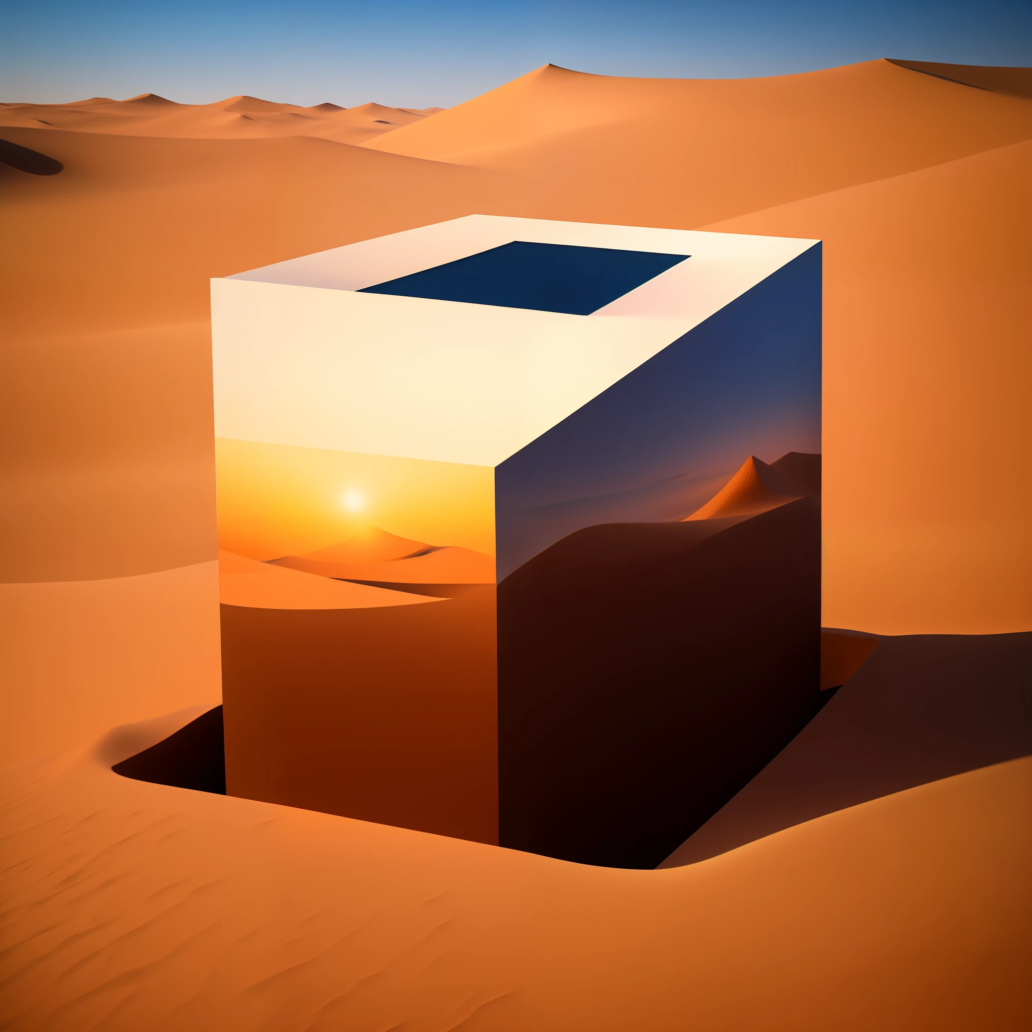 There is an image of a cube in the middle of a desert, surreal 3 d render, Bip de rendu 3D, 3d matte illustration, Rendu dans cinema4D, Rendering at the 4D cinema, 3 d illustration, 3d illustration, Ancien CGI 3 D rendu Bryce 3 D, depicted as a 3 d render, Somewhere in the desert sands