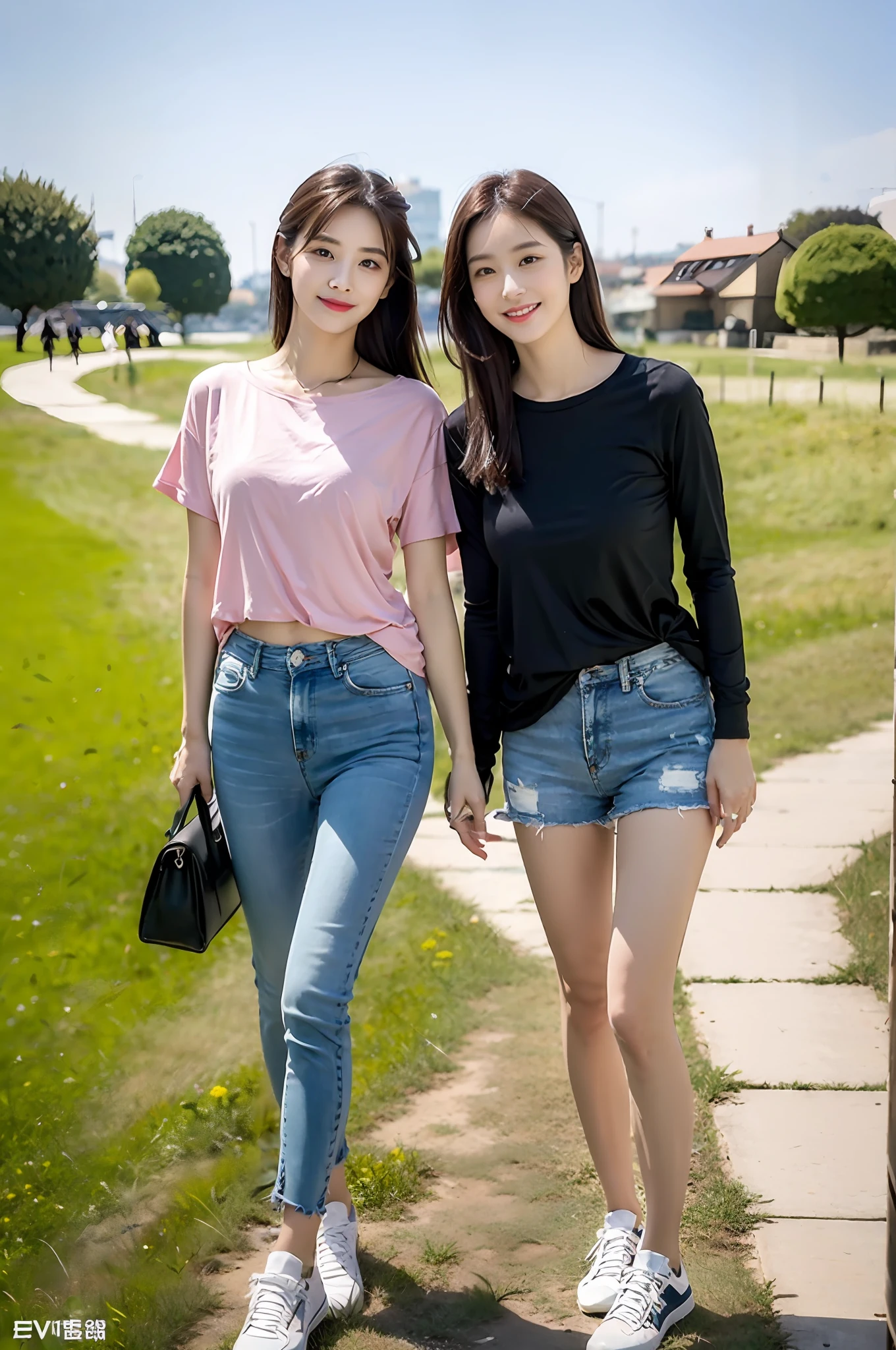 （RAW photogr，超高分辨率，tmasterpiece，best qualtiy：1.4），Complicated details，2 20 year old Korean girl，Wear a loose black T-shirt and skinny jeans，Stand on the grass and take pictures，hugs，Detailed meadow，A sweet smile on a small face，The face and skin are pink and fair，Ultra-realistic facial details，Playful and coquettish pose，The calves are straight and slender:1.5，Wear high-end branded colorful travel shoes:1.5，eventide，warm color，Broad lighting，naturalshadow，taking a full body photo:1.8