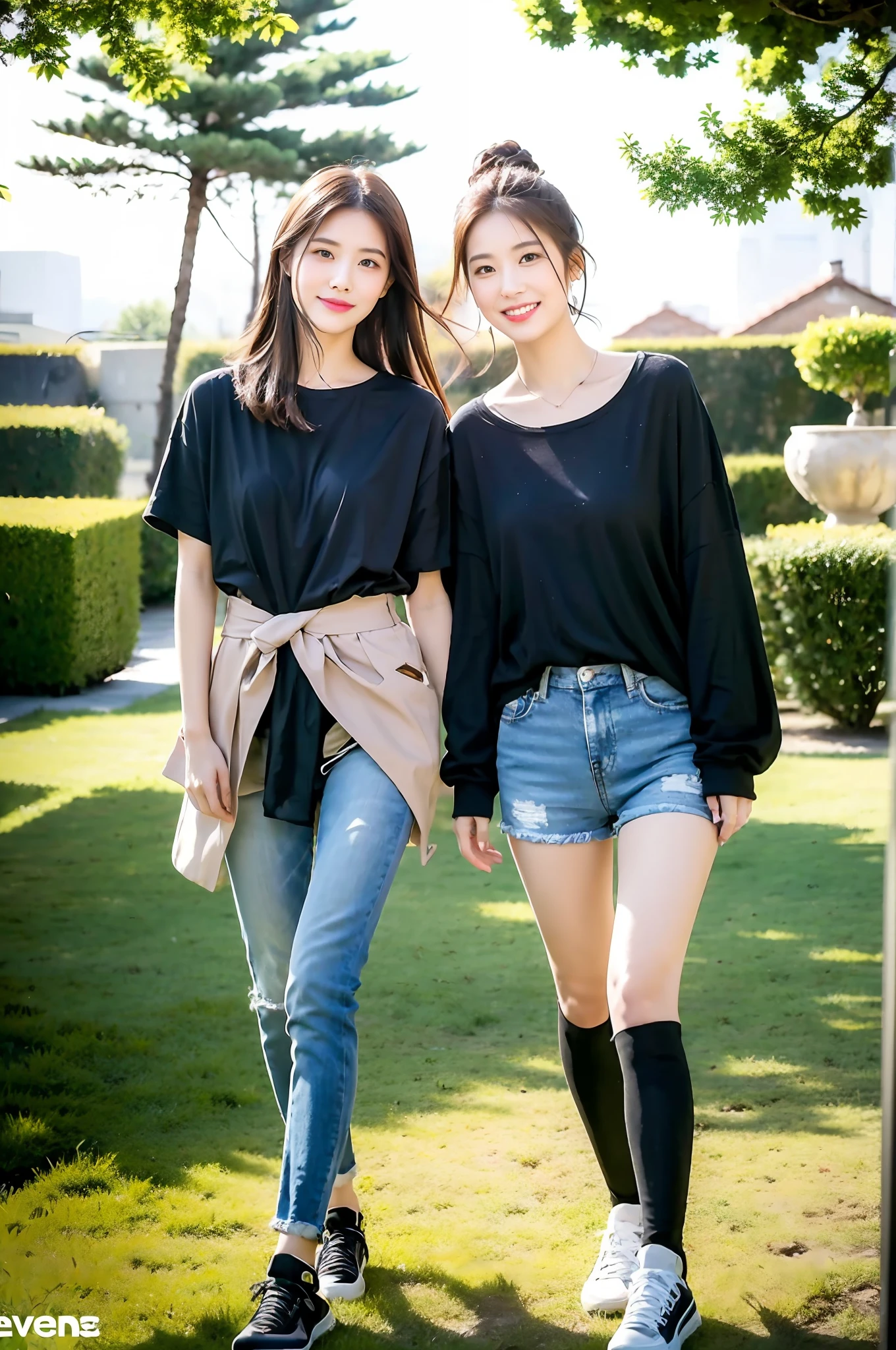 (RAW photogr,超高分辨率,tmasterpiece,best qualtiy:1.4),Complicated details,2 20 year old Korean girl,Wear a loose black T-shirt and skinny jeans,Stand on the grass and take pictures,hugs,Detailed meadow,A sweet smile on a small face,The face and skin are pink and fair,Ultra-realistic facial details,Playful and coquettish pose,The calves are straight and slender:1.5,Wear high-end branded colorful travel shoes:1.5,eventide,warm color,Broad lighting,naturalshadow,taking a full body photo:1.8