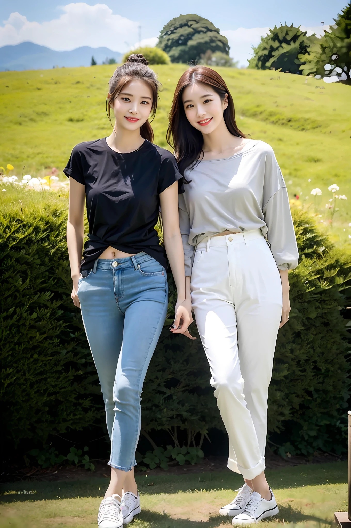 (RAW photogr,超高分辨率,tmasterpiece,best qualtiy:1.4),Complicated details,2 20 year old Korean girl,Wear a loose black T-shirt and skinny jeans,Stand on the grass and take pictures,hugs,Detailed meadow,A sweet smile on a small face,The face and skin are pink and fair,Ultra-realistic facial details,Playful and coquettish pose,The calves are straight and slender:1.5,Wear high-end branded colorful travel shoes:1.5,eventide,warm color,Broad lighting,naturalshadow,taking a full body photo:1.8