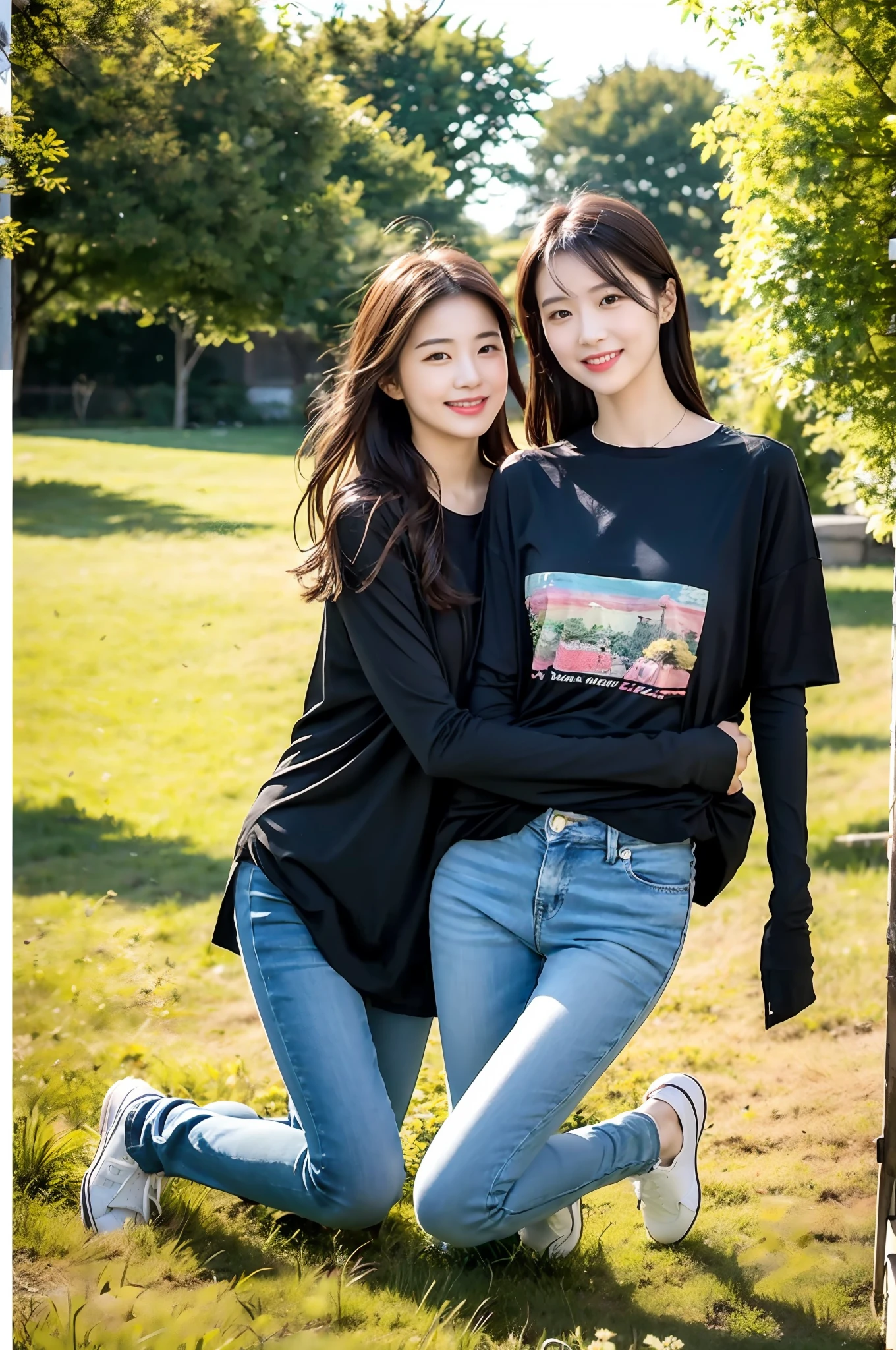 (RAW photogr,超高分辨率,tmasterpiece,best qualtiy:1.4),Complicated details,2 20 year old Korean girls,Wear a loose black T-shirt and skinny jeans,Stand on the grass and take pictures,hugs,Intimate relationships,Detailed meadow,A sweet smile on a small face,The face and skin are pink and fair,Ultra-realistic facial details,Playful and coquettish pose,The calves are straight and slender:1.5,Wear high-end branded colorful travel shoes:1.5,eventide,warm color,Broad lighting,naturalshadow,taking a full body photo:1.8