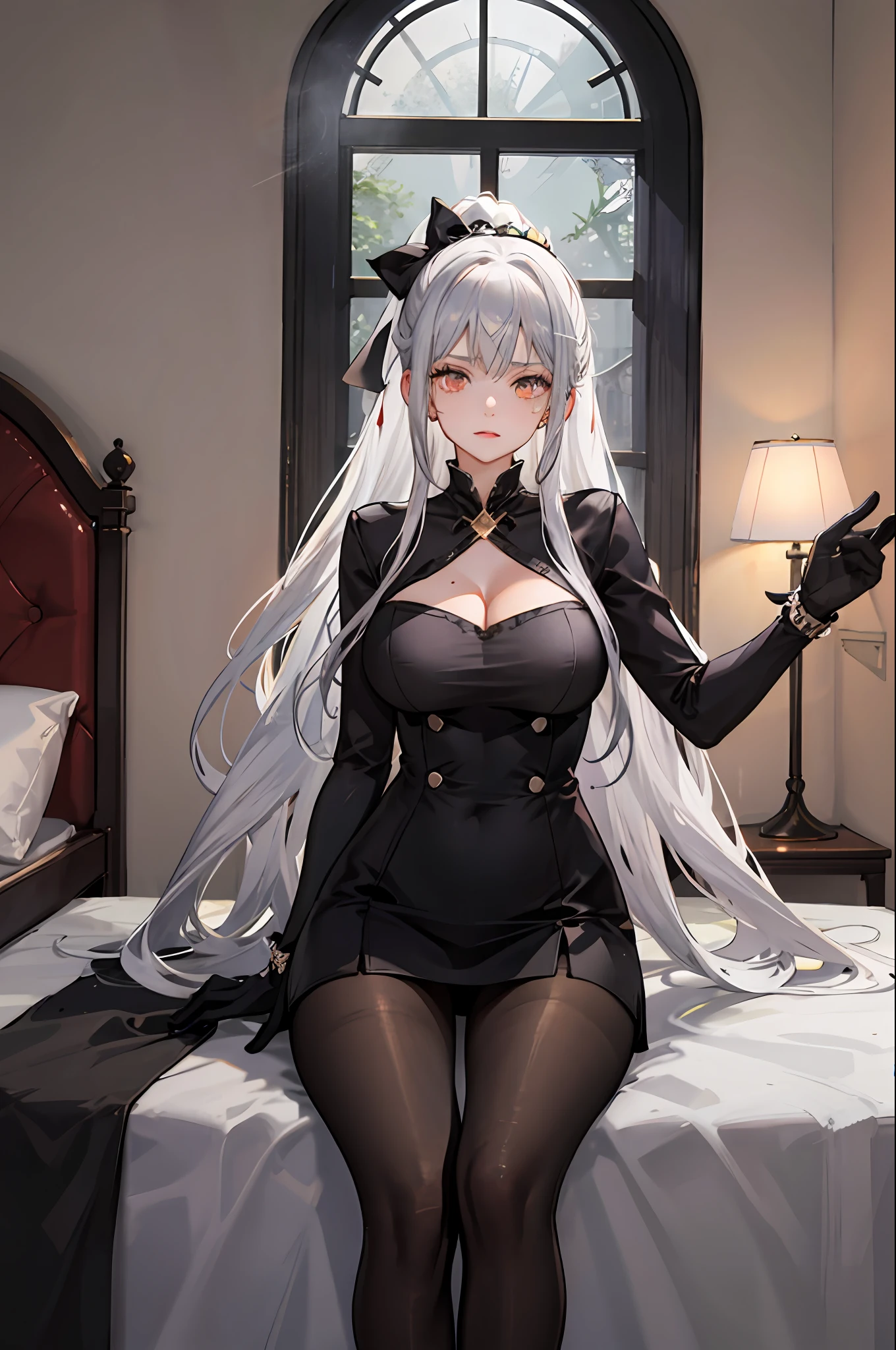 （（（1个Giant Breast Girl）），Ray traching，（dim murky lights），[detailedbackground（Bedrooms）），（（Silvery hair）），（（Silvery hair）），（（（（（Fluffy silver hair，plump and slender girl））Wears a double-height ponytail）））Avoid golden eyes in the ominous bedroom（（（（Girl wearing intricately embroidered black high-waisted pants with pantyhose）There are also white ruffled bow gloves），It shows a delicate and slender figure and beautiful curves，Correct limbs，sit on a bed