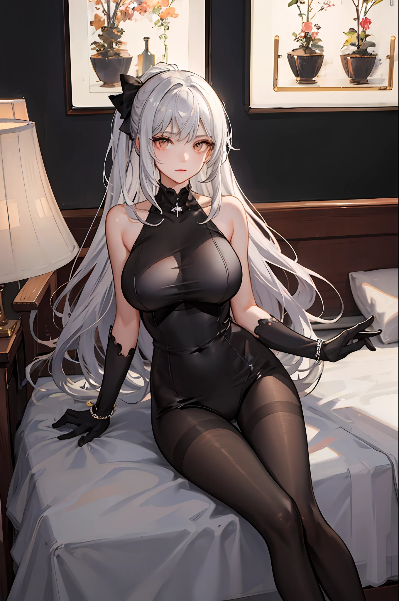 (((1个Giant Breast Girl)),Ray traching,(dim murky lights),[detailedbackground(Bedrooms)),((Silvery hair)),((Silvery hair)),(((((Fluffy silver hair,plump and slender girl))Wears a double-height ponytail)))Avoid golden eyes in the ominous bedroom((((Girl wearing intricately embroidered black high-waisted pants with pantyhose)There are also white ruffled bow gloves),It shows a delicate and slender figure and beautiful curves,Correct limbs,sit on a bed